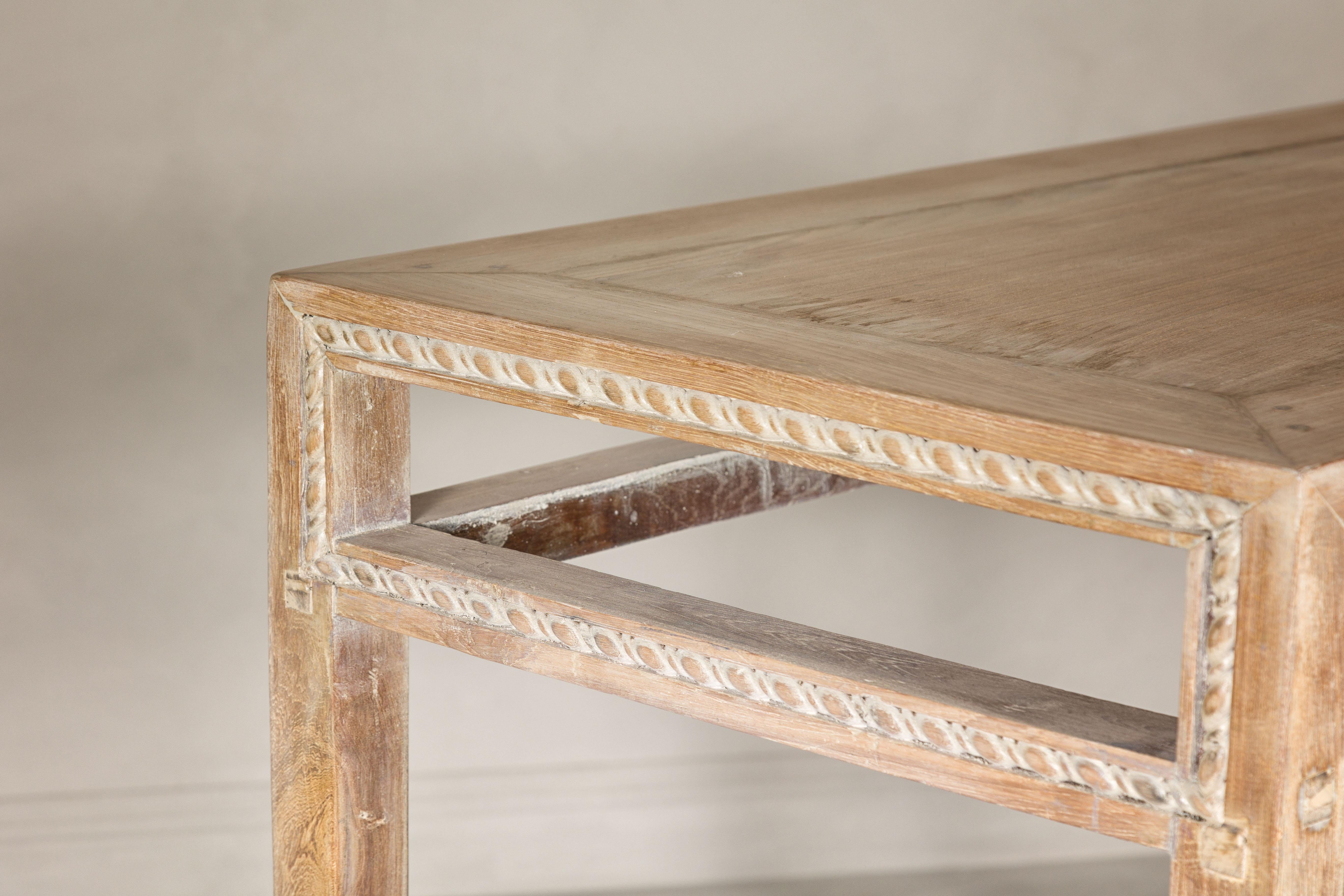 Tall Console Table with Carved Beaded Rope Motif and Whitewash Natural Finish For Sale 6