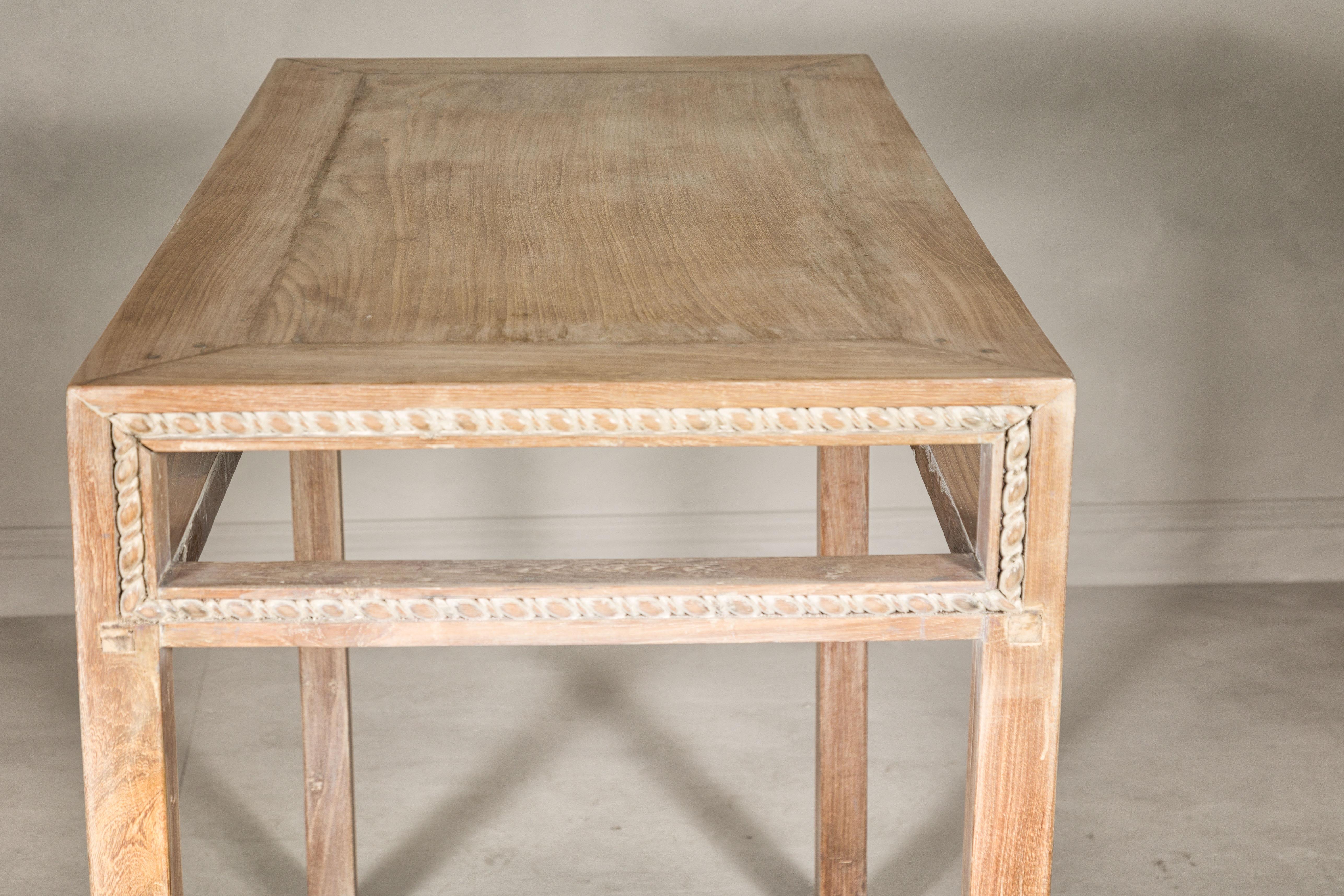 Tall Console Table with Carved Beaded Rope Motif and Whitewash Natural Finish For Sale 9