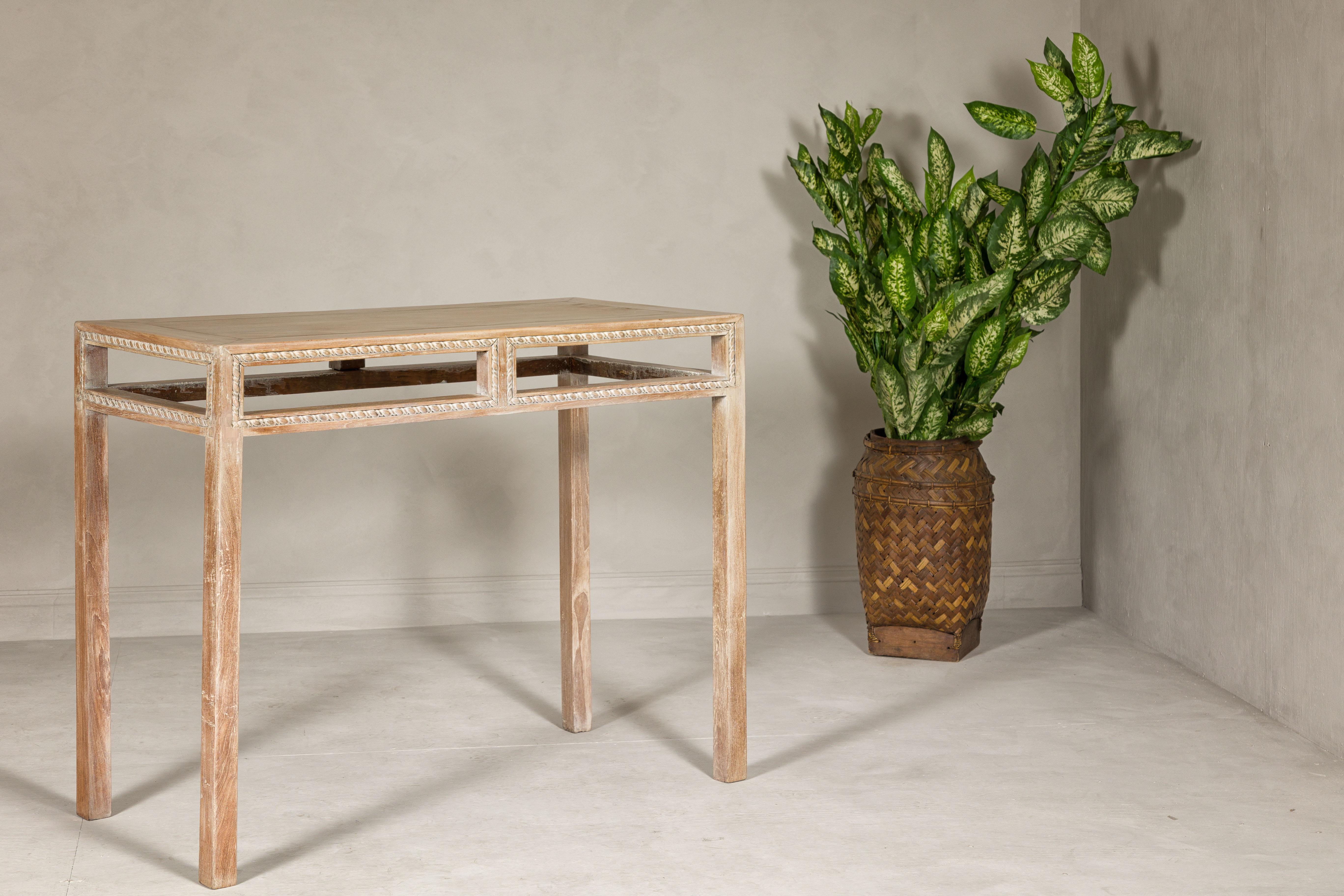 Indonesian Tall Console Table with Carved Beaded Rope Motif and Whitewash Natural Finish For Sale