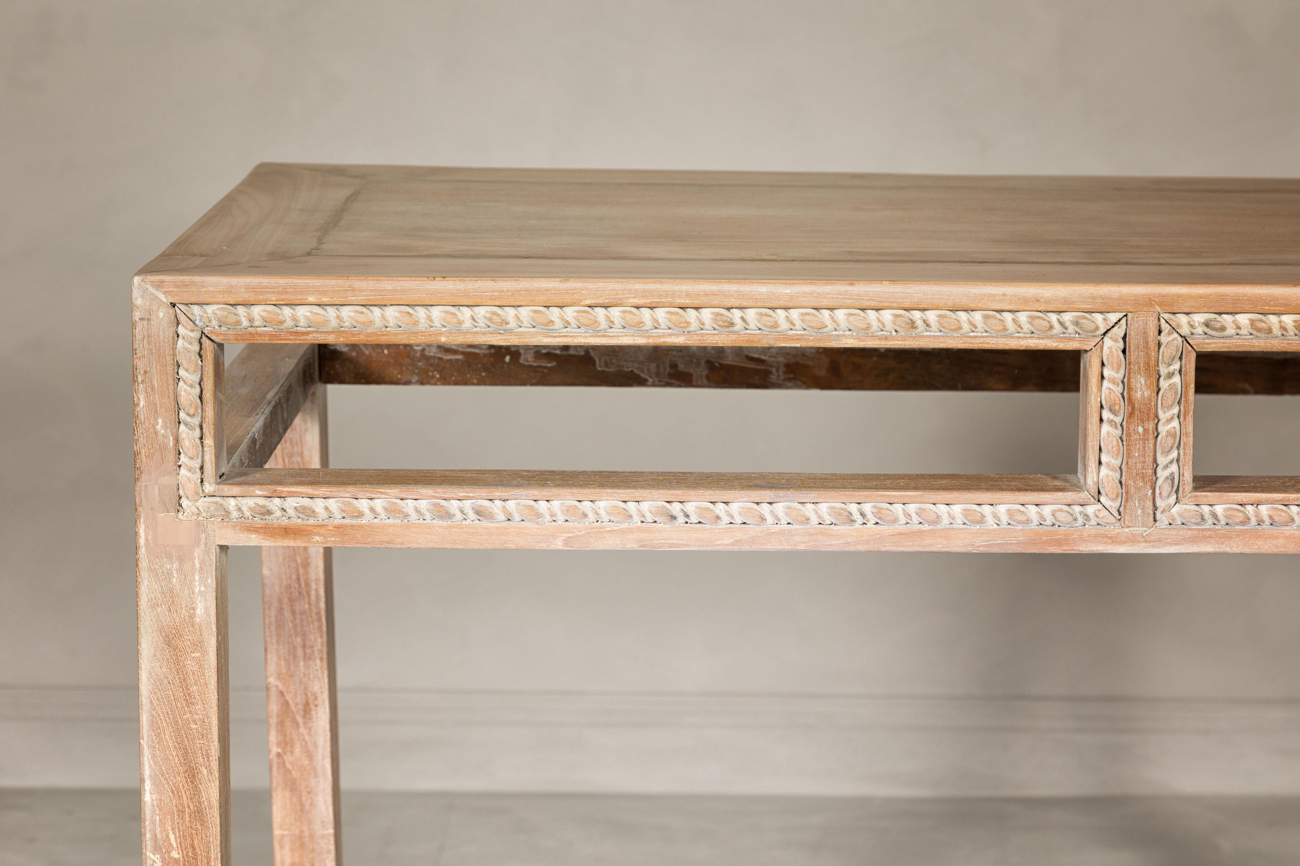 Wood Tall Console Table with Carved Beaded Rope Motif and Whitewash Natural Finish For Sale