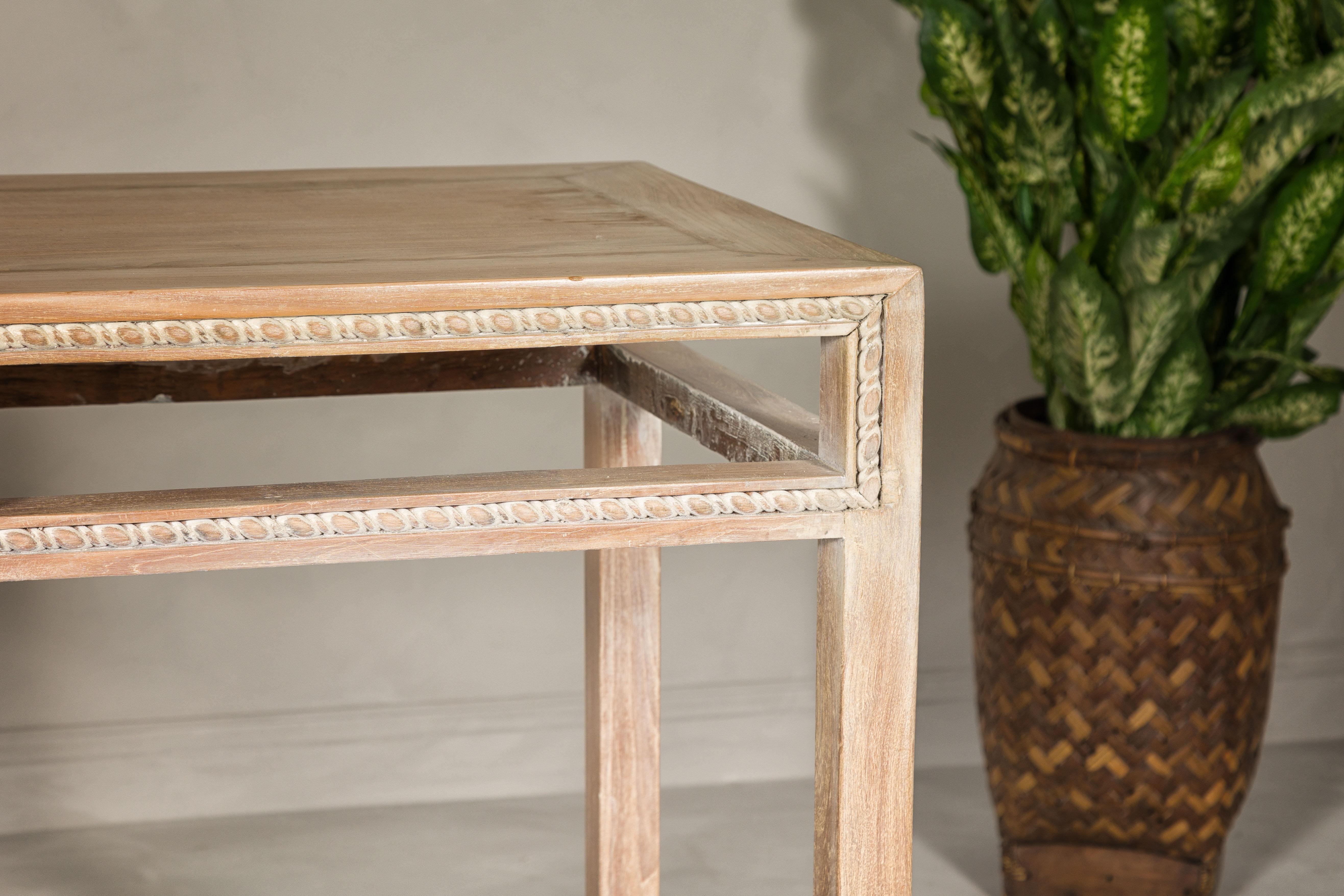 Tall Console Table with Carved Beaded Rope Motif and Whitewash Natural Finish For Sale 1