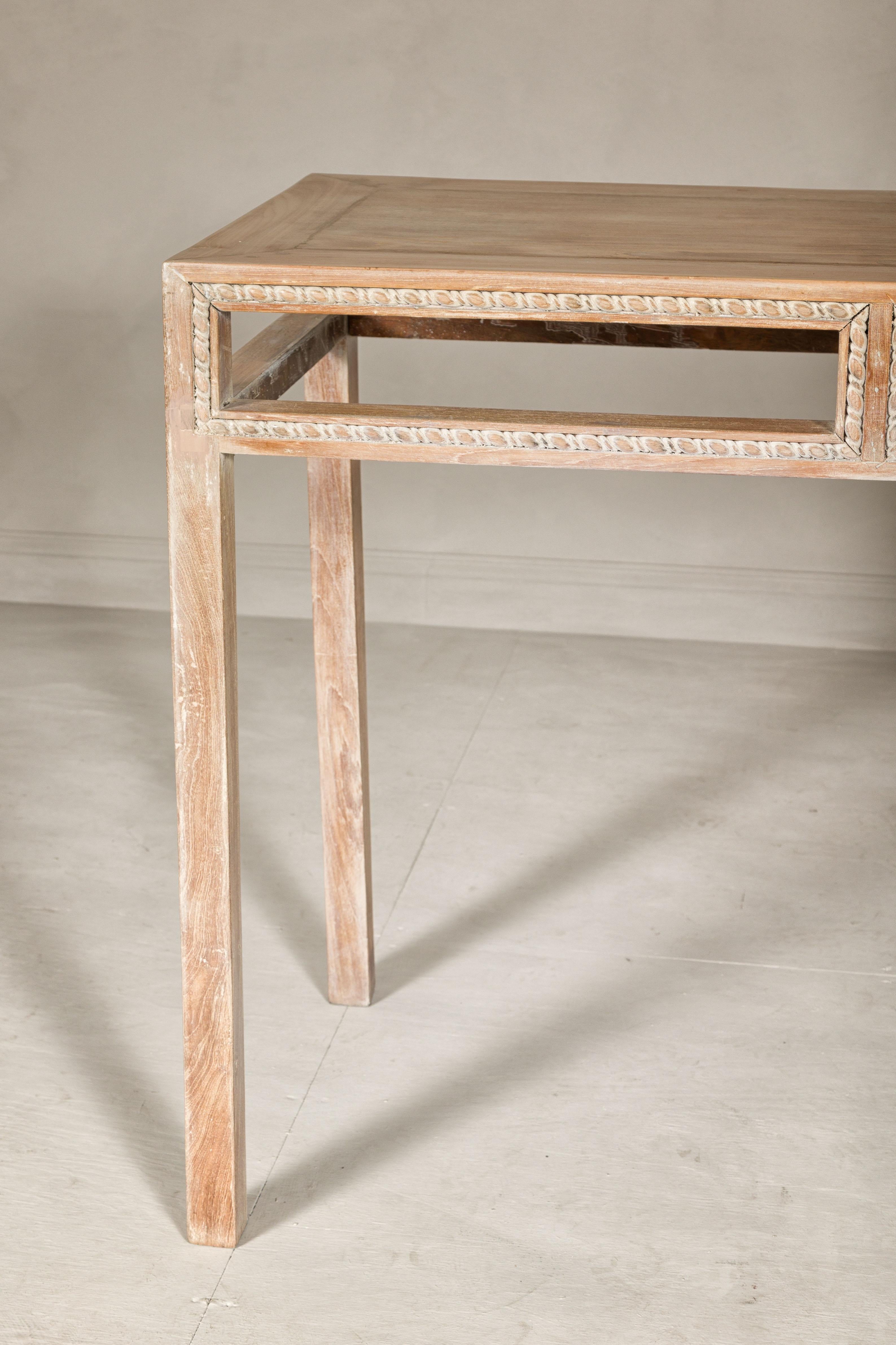 Tall Console Table with Carved Beaded Rope Motif and Whitewash Natural Finish For Sale 2