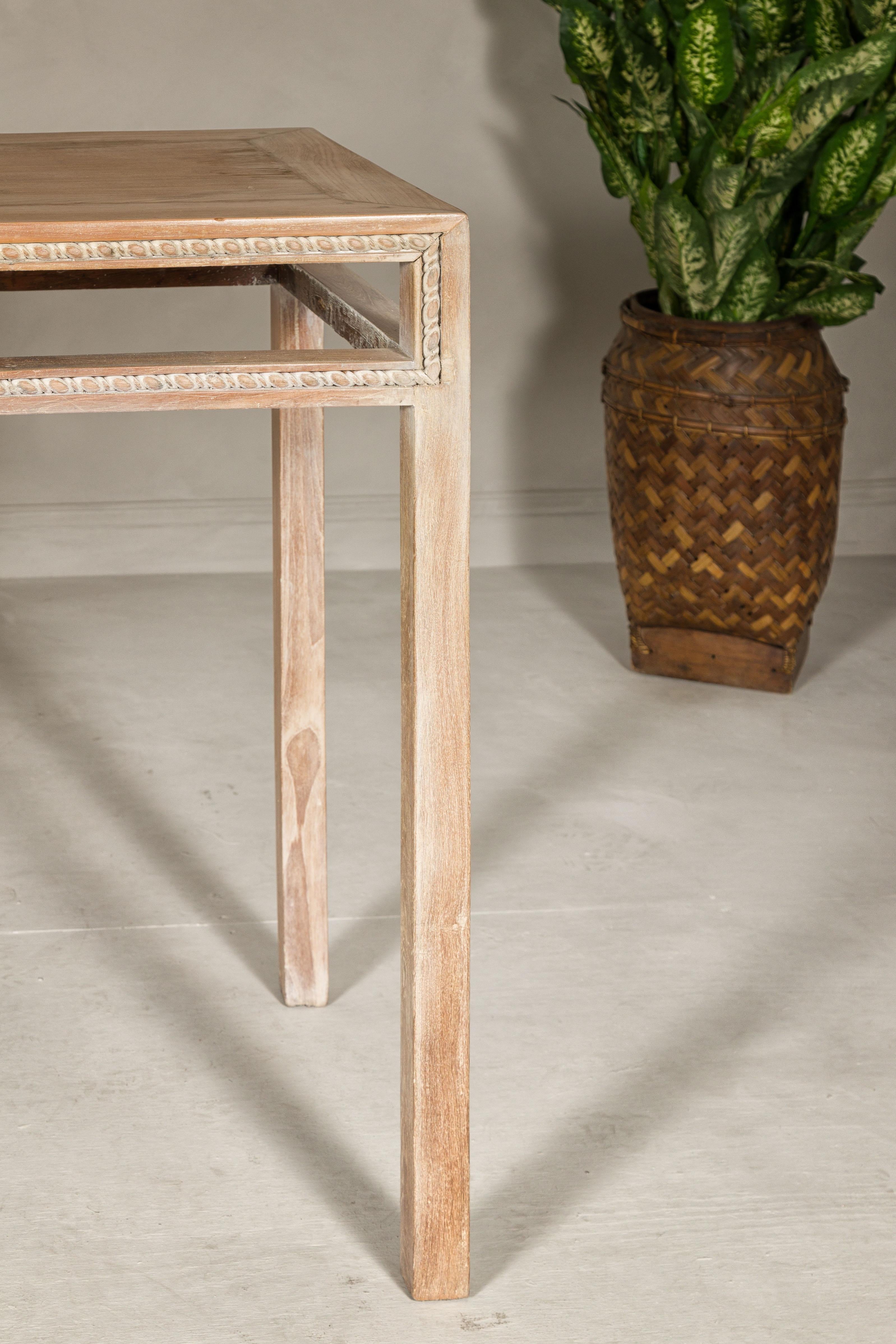Tall Console Table with Carved Beaded Rope Motif and Whitewash Natural Finish For Sale 3