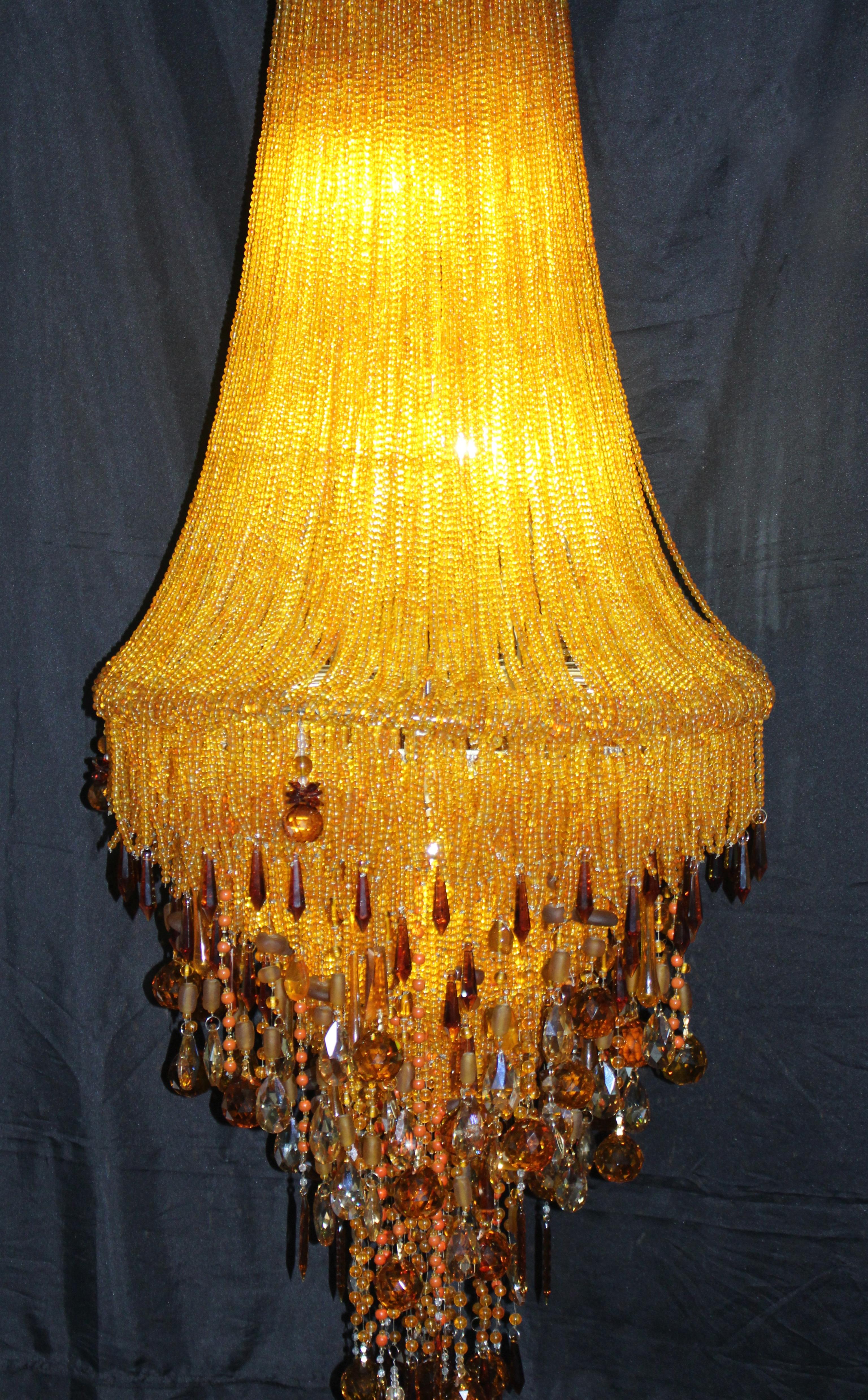 Tall Contemporary Amber Bead and Crystal Chandelier For Sale 8