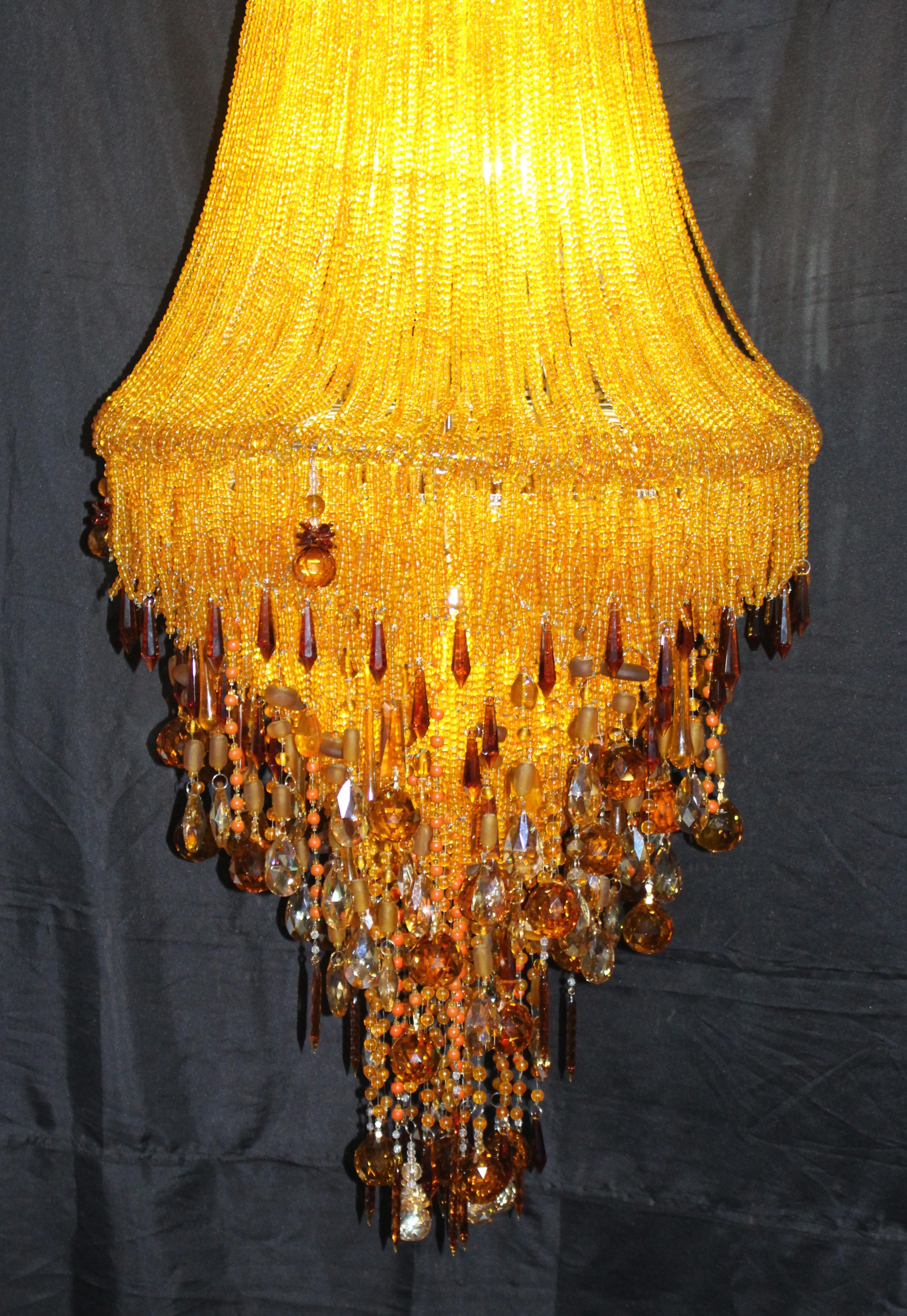 Tall Contemporary Amber Bead and Crystal Chandelier For Sale 9