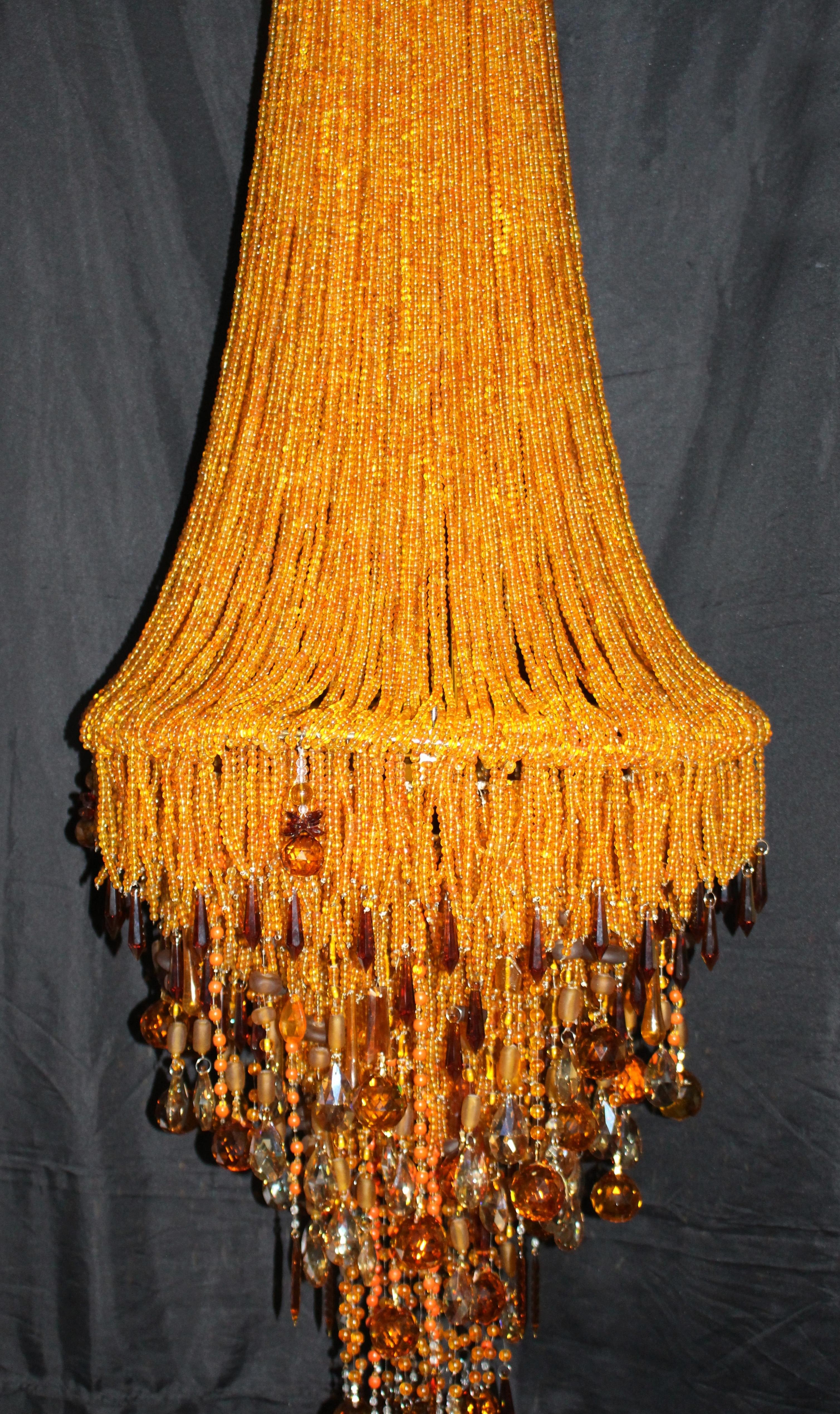 Tall Contemporary Amber Bead and Crystal Chandelier For Sale 1