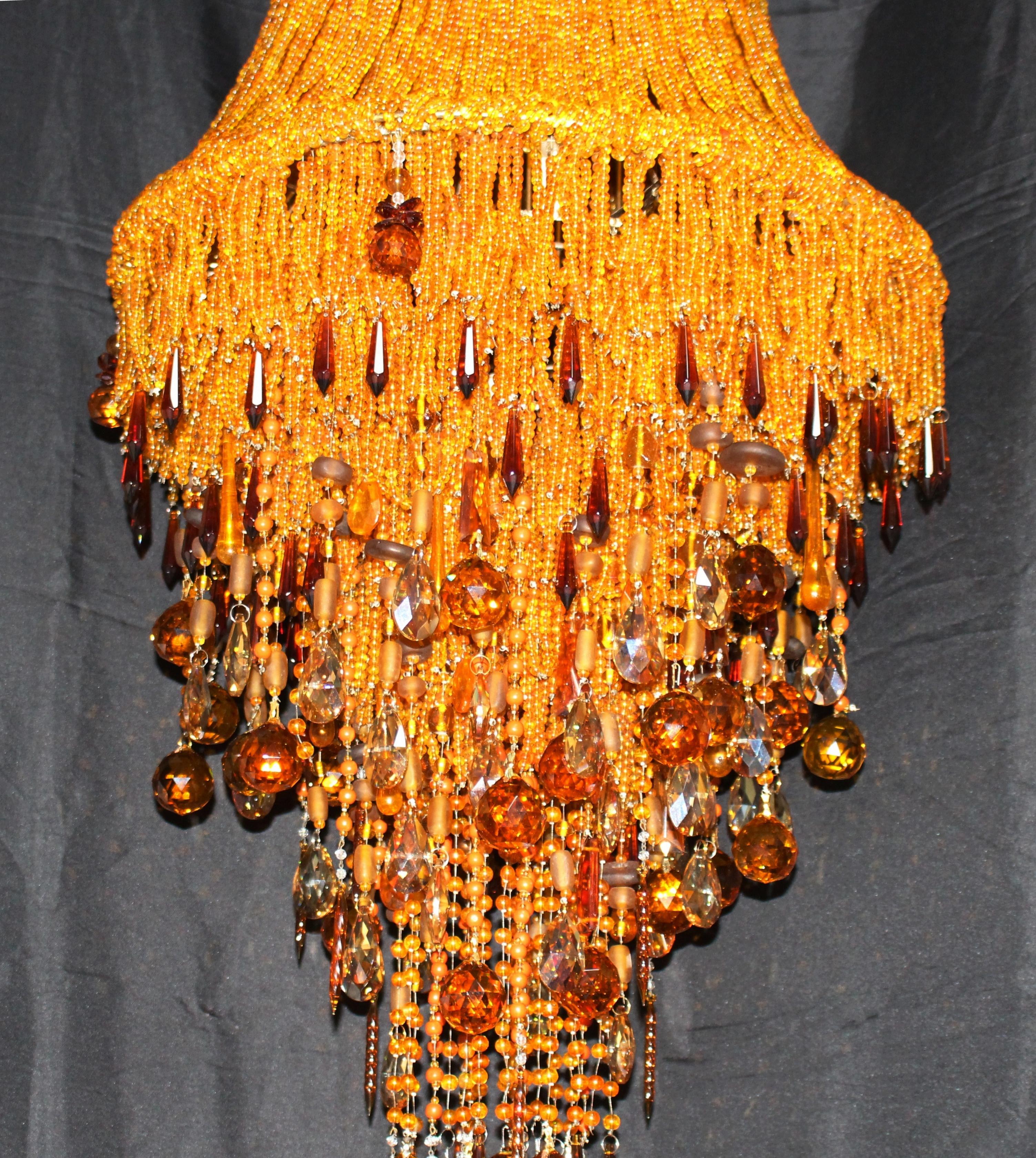 Tall Contemporary Amber Bead and Crystal Chandelier For Sale 4