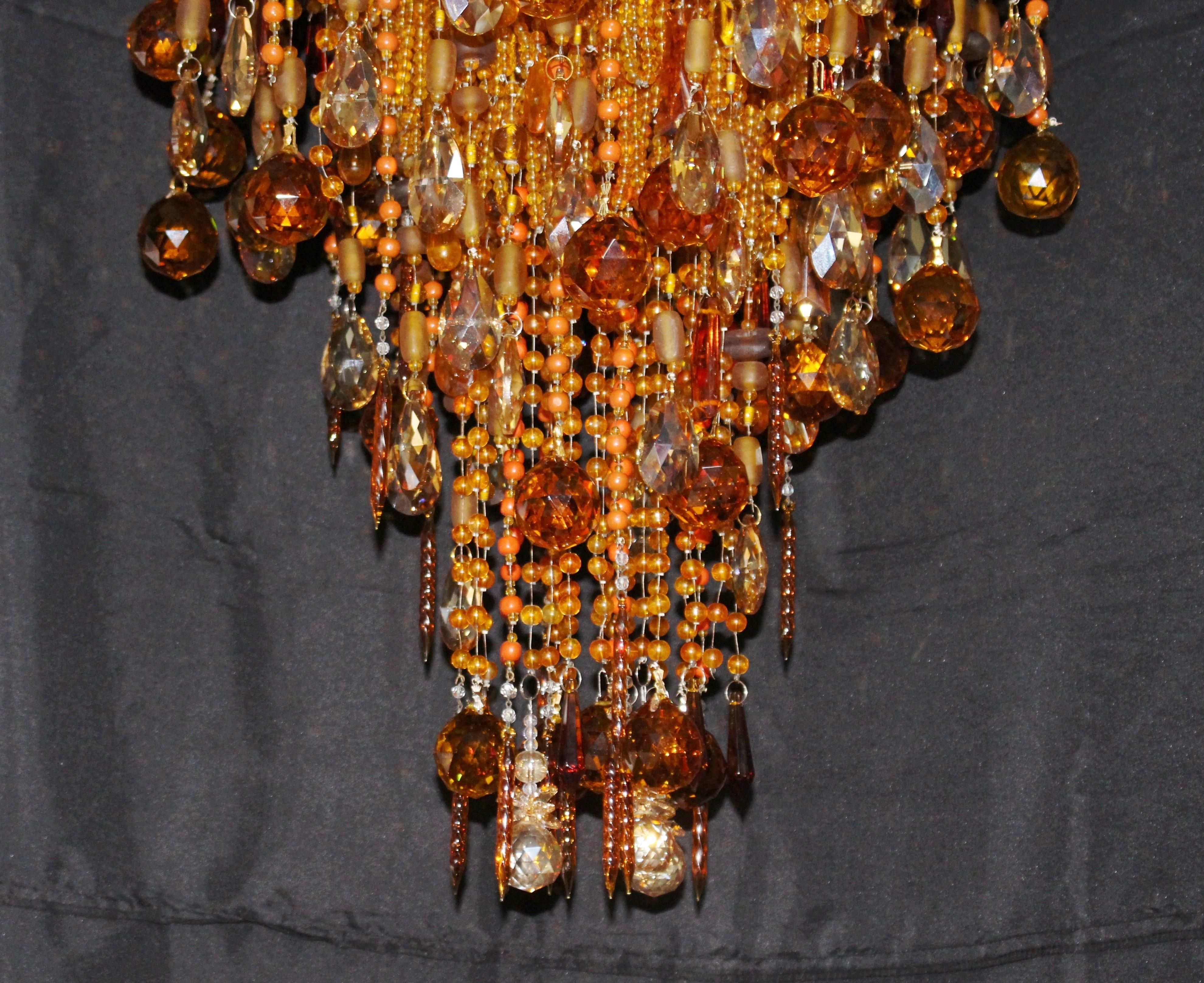 Tall Contemporary Amber Bead and Crystal Chandelier For Sale 5