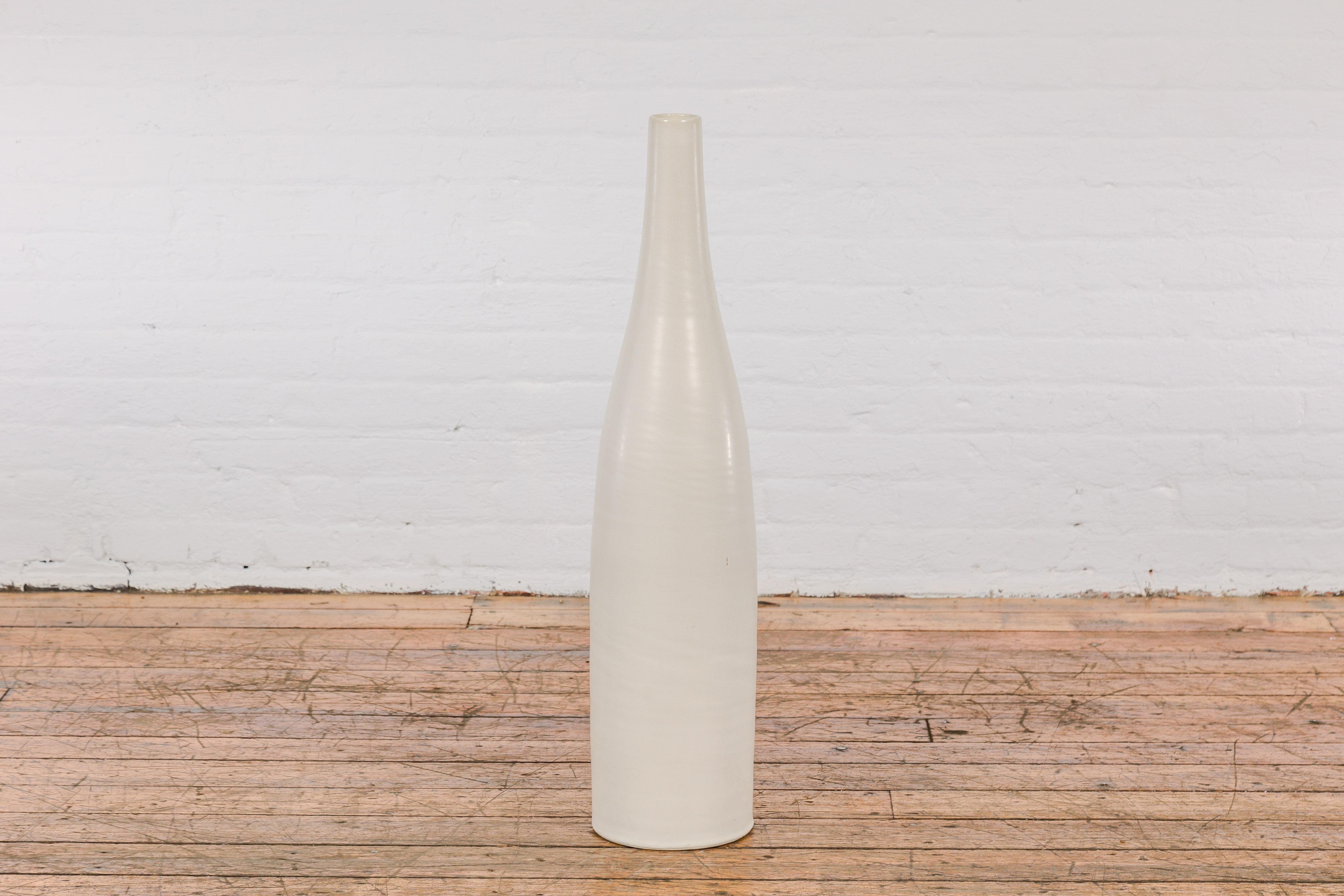 Tall Contemporary Artisan-Made Vase with Cream Glaze and Slender Silhouette For Sale 6
