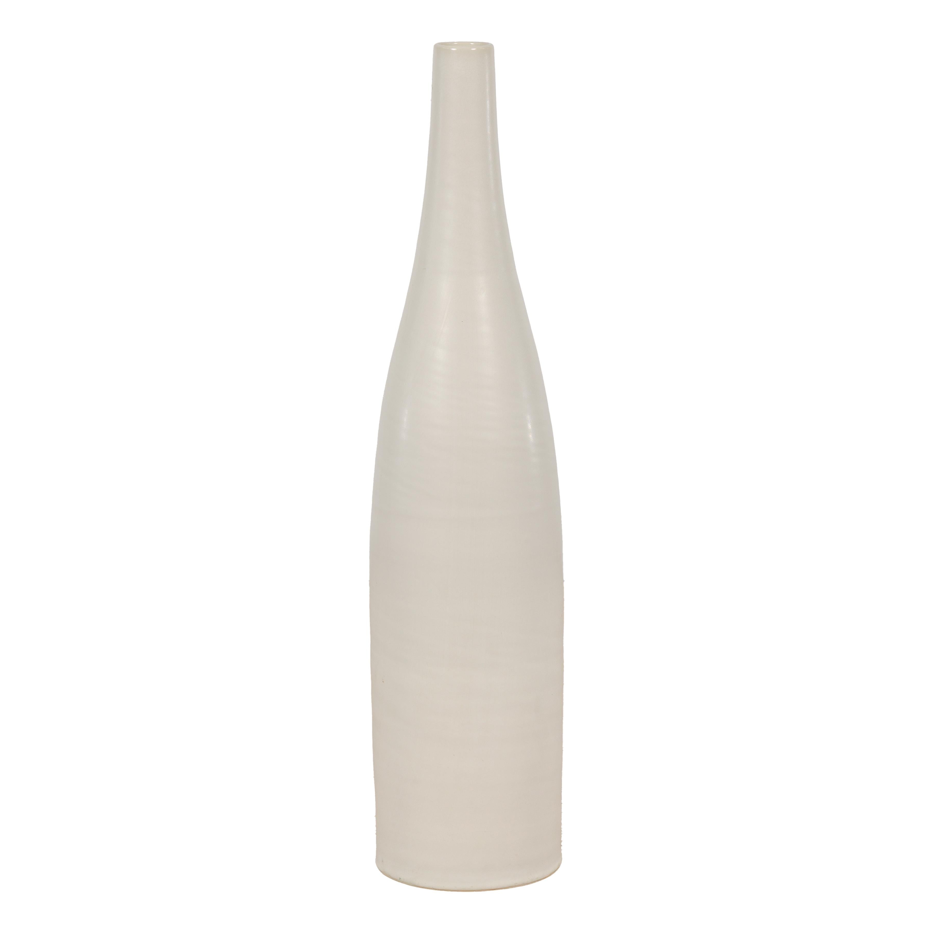 Tall Contemporary Artisan-Made Vase with Cream Glaze and Slender Silhouette For Sale 8