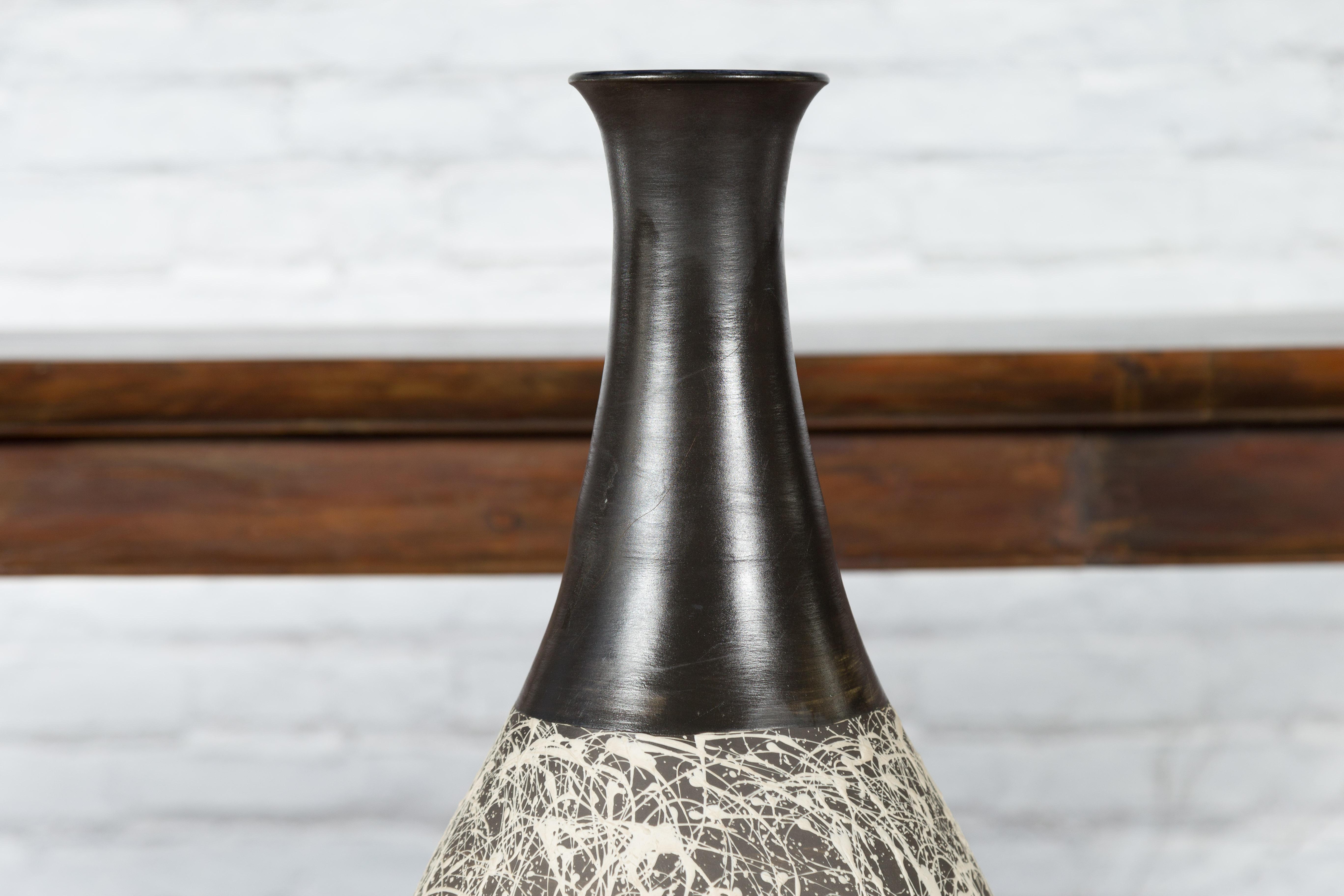 Tall Contemporary Artisan Prem Collection Black Neck Vase White Dripping Décor For Sale 5