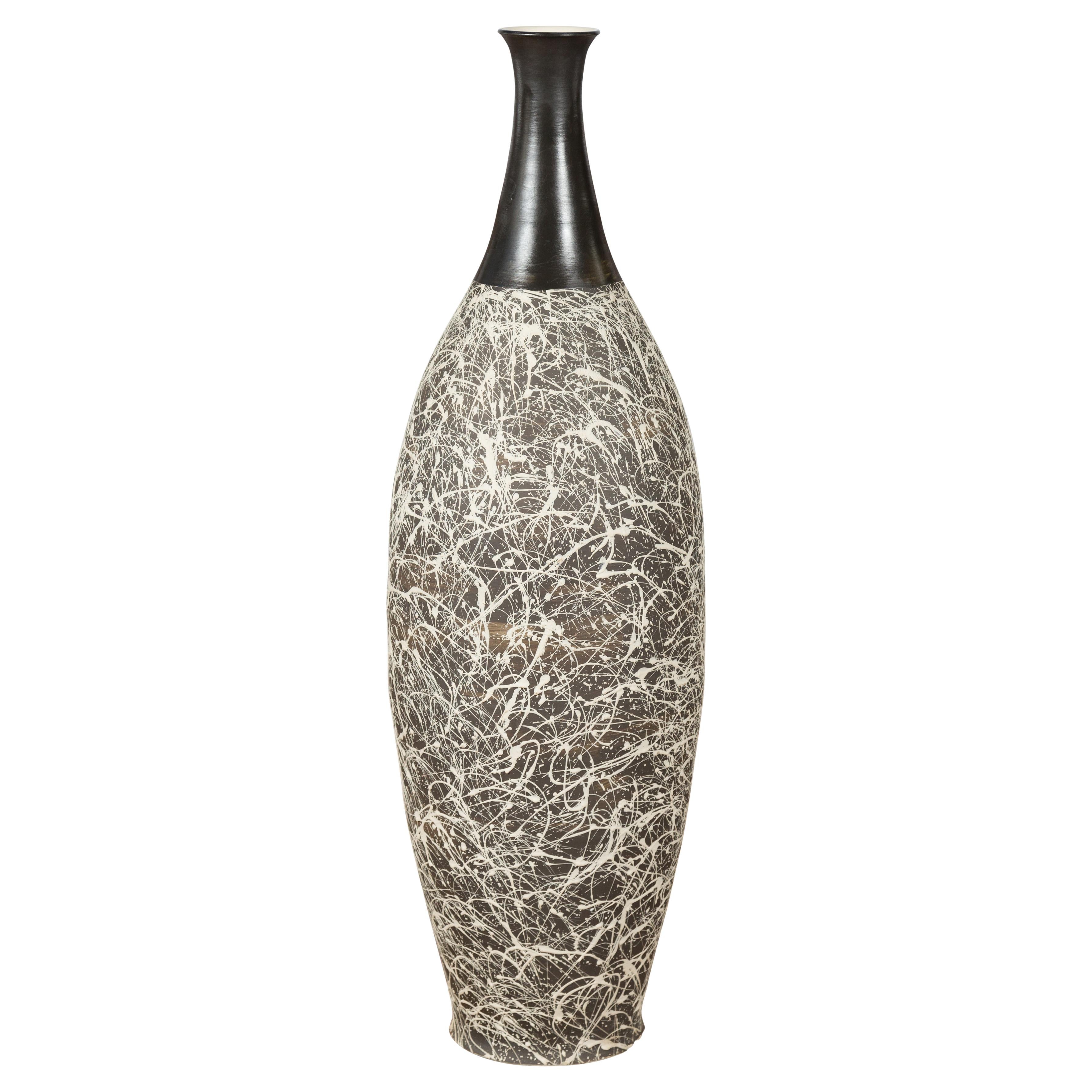 Tall Contemporary Artisan Prem Collection Black Neck Vase White Dripping Décor For Sale 11