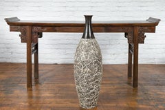 Tall Ceramic Vase with Black Neck and White Drip Glaze