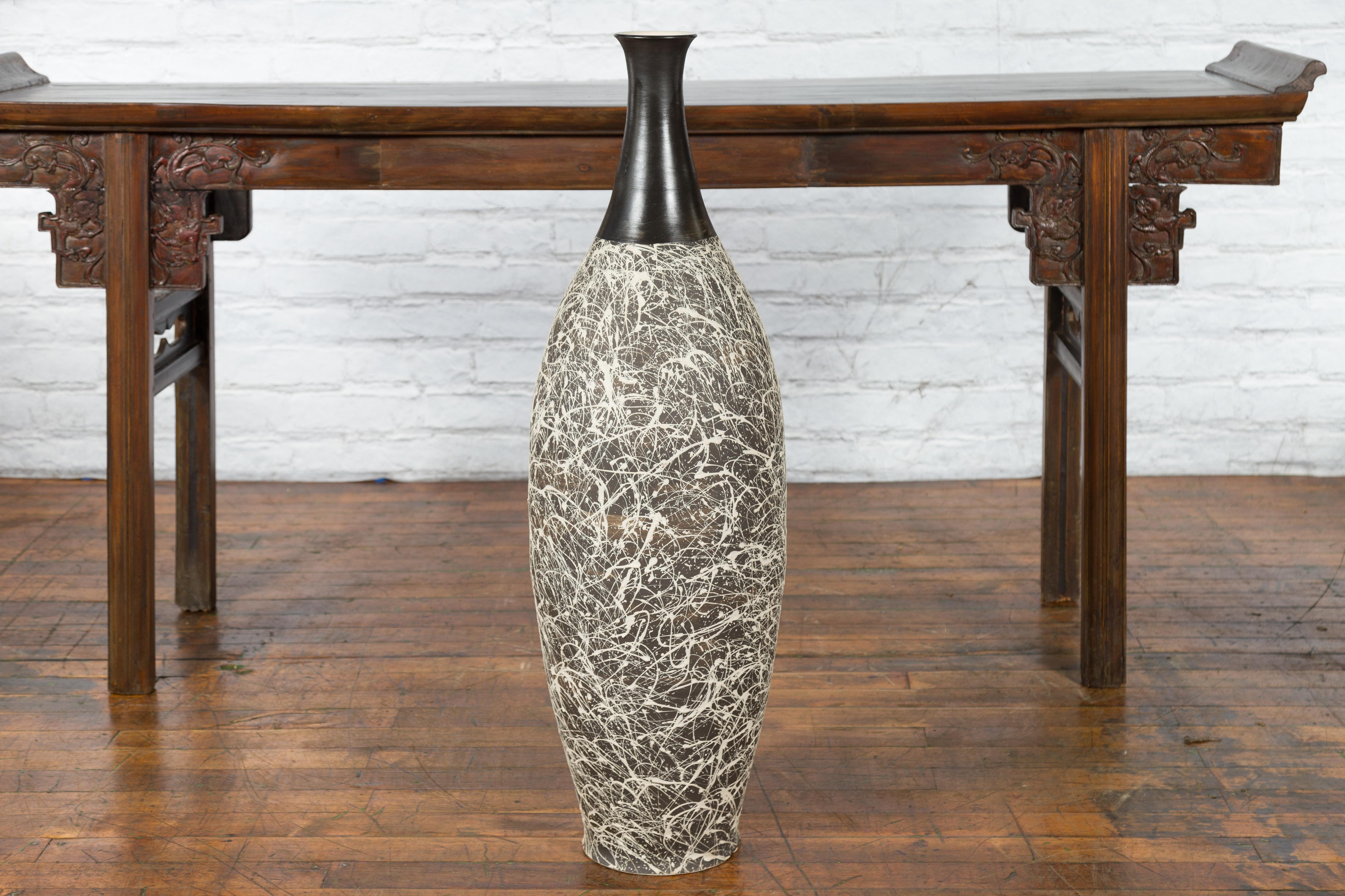 Thai Tall Contemporary Artisan Prem Collection Black Neck Vase White Dripping Décor For Sale