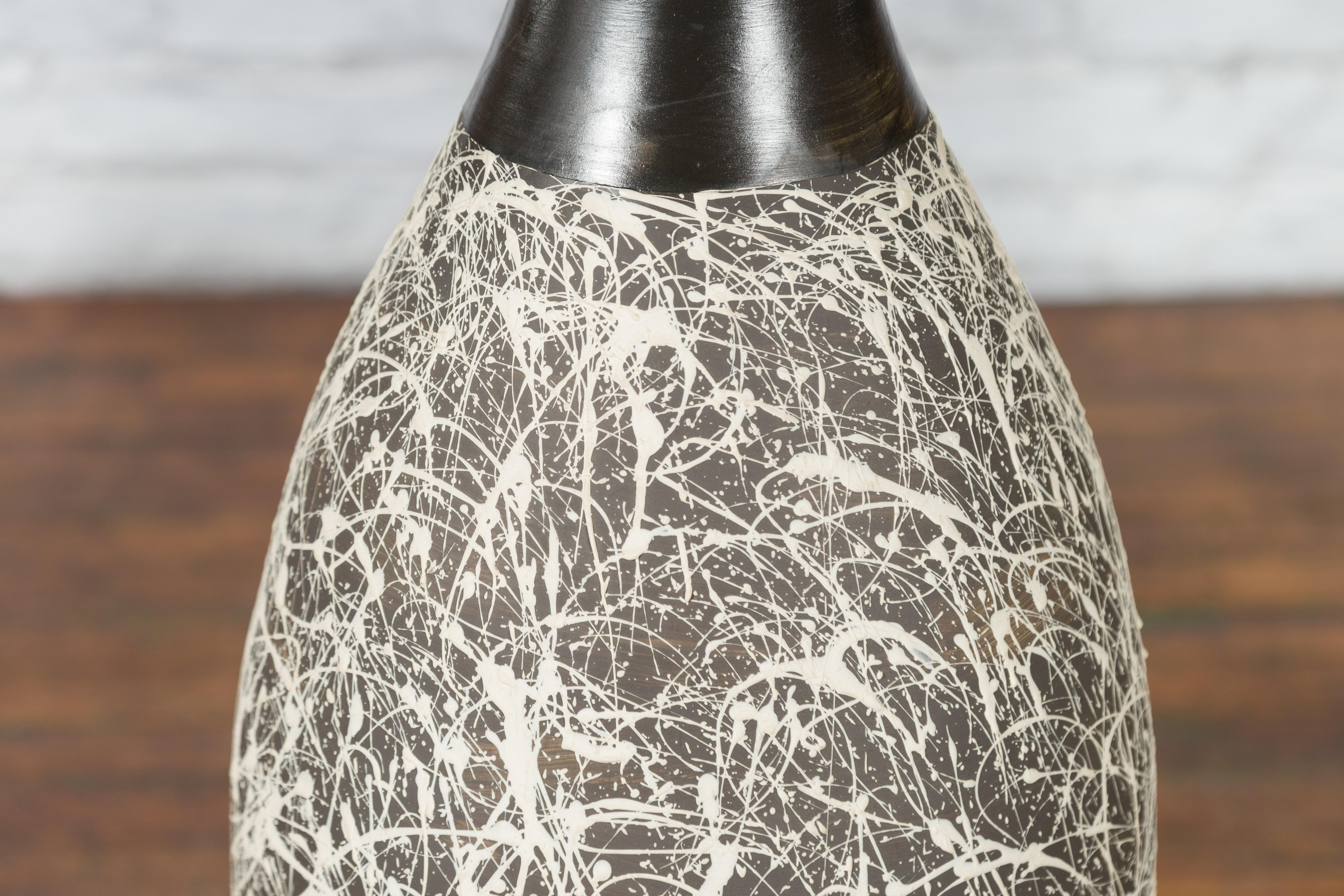 Ceramic Tall Contemporary Artisan Prem Collection Black Neck Vase White Dripping Décor For Sale
