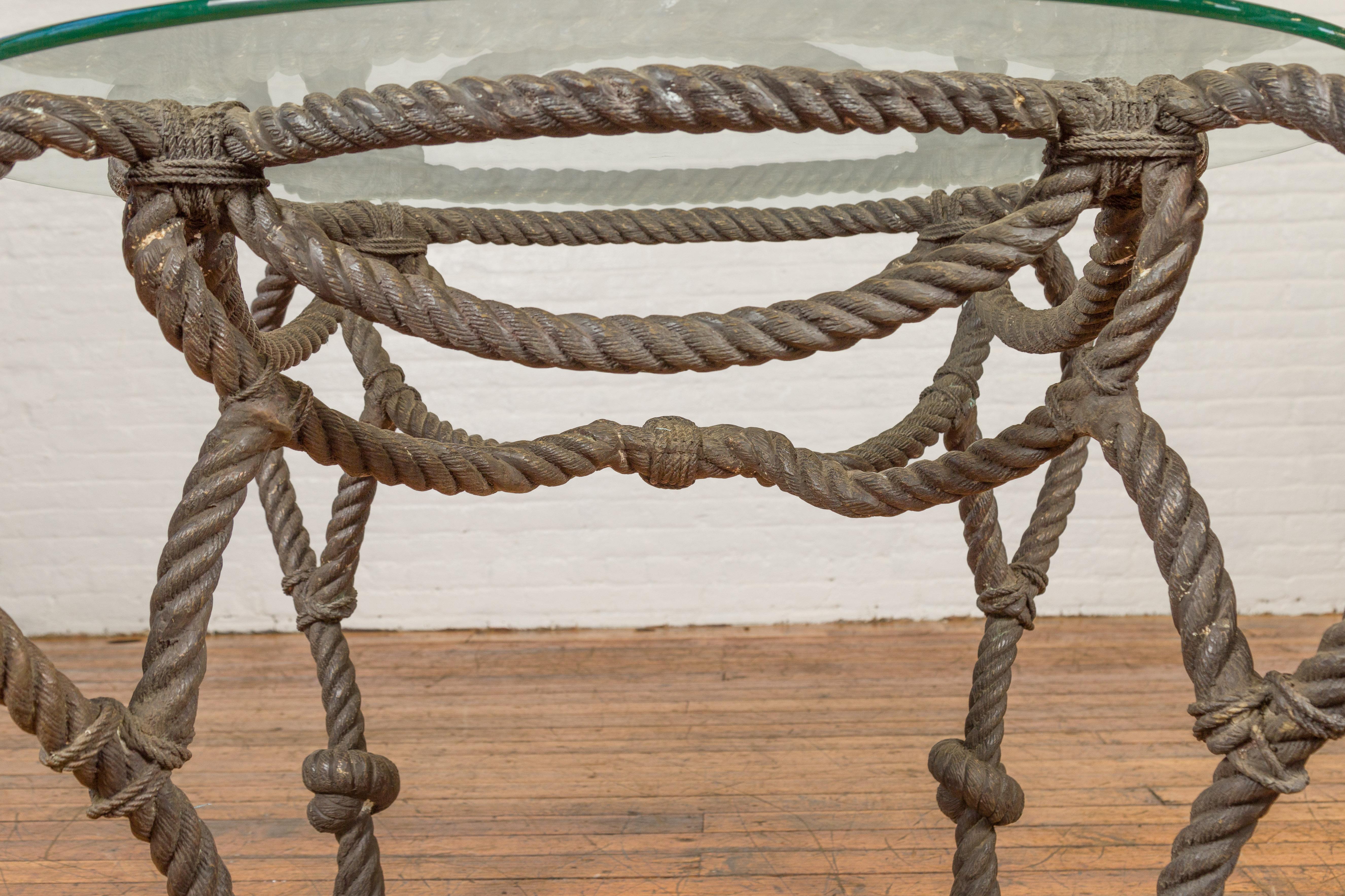 20th Century Tall Contemporary Bronze Nautical Rope Maison Jansen Style Dining Table Base For Sale