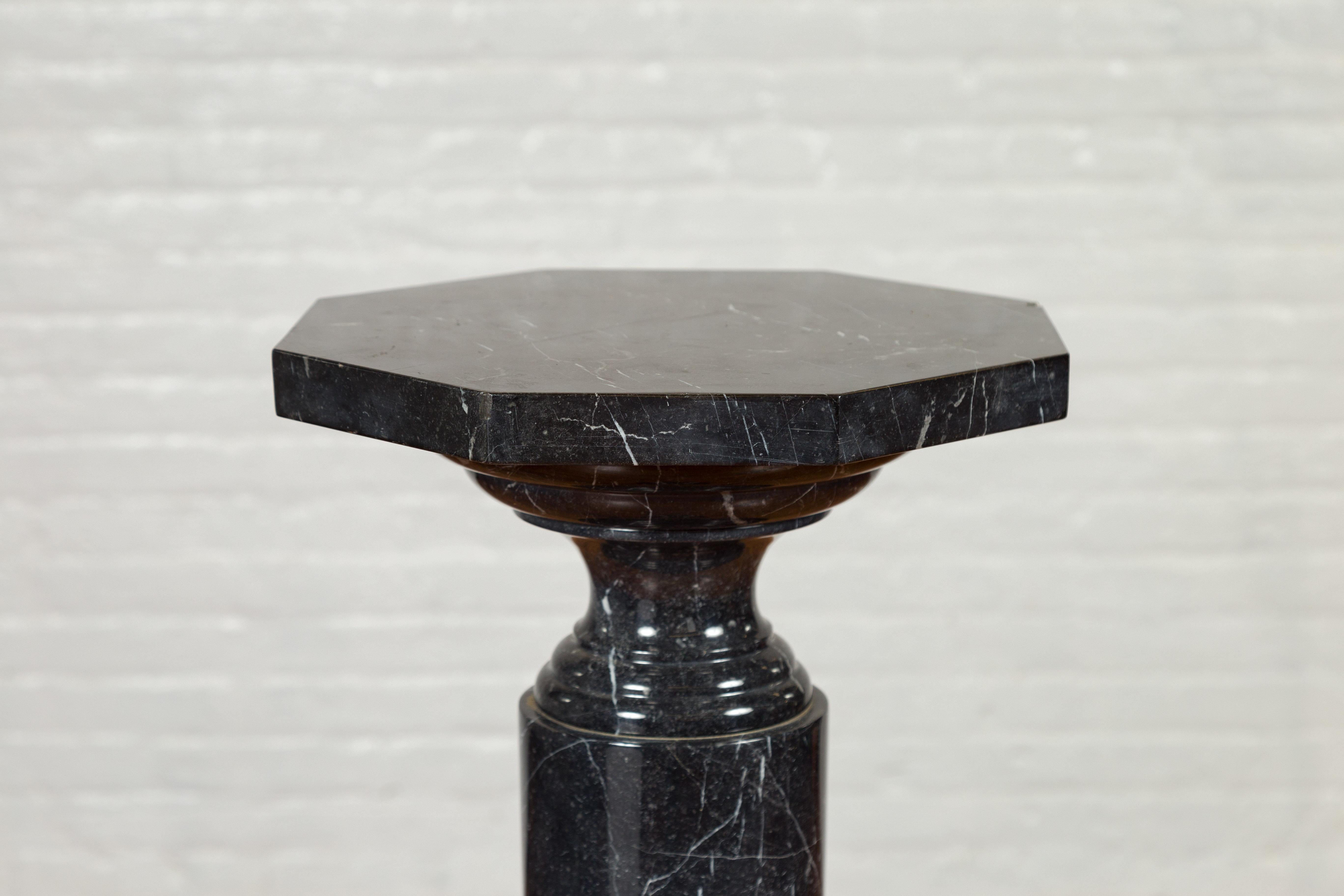 Tall Contemporary Indian Black Carrara Marble Pedestal with Octagonal Top In Good Condition In Yonkers, NY