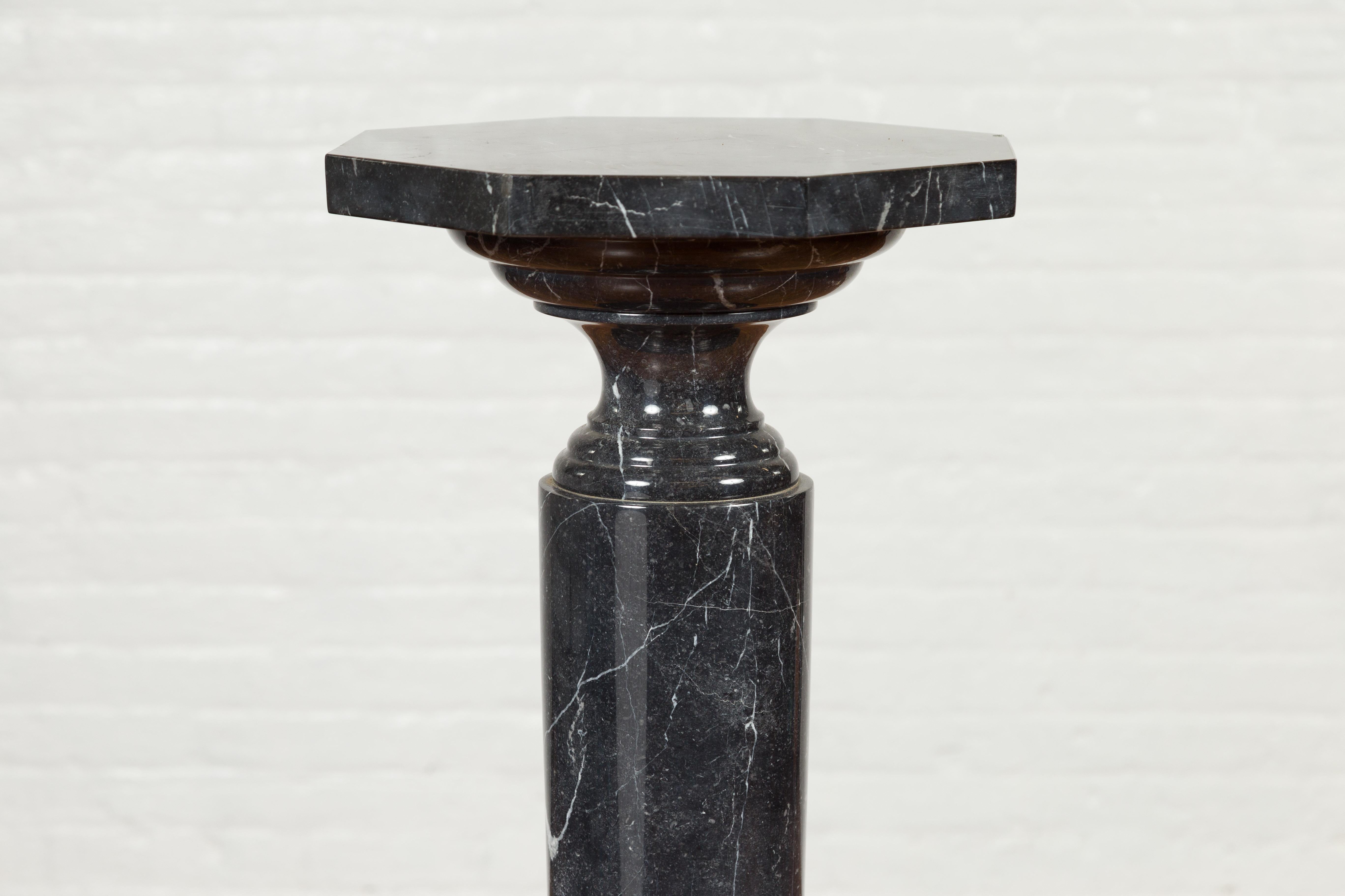 Tall Contemporary Indian Black Carrara Marble Pedestal with Octagonal Top 1