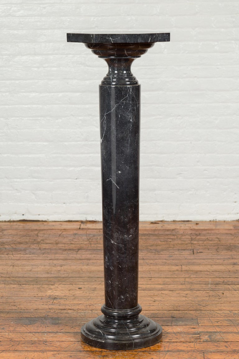 Tall Contemporary Indian Black Carrara Marble Pedestal with Octagonal