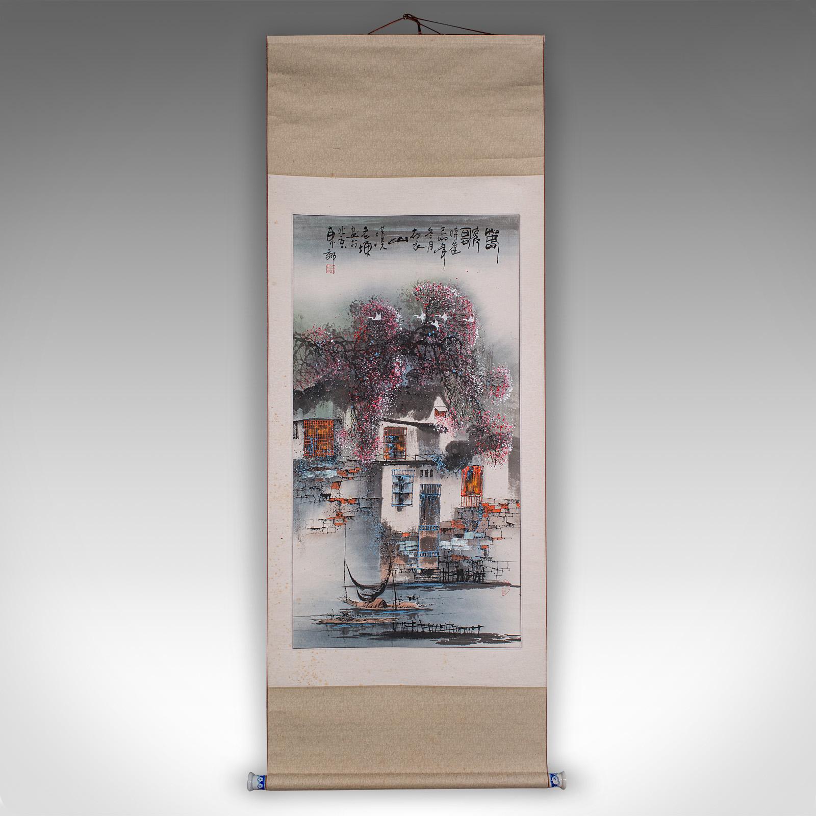 
This is a tall contemporary scroll ink painting. A Chinese, silk cotton and ceramic rolling wall panel, dating to the late 20th century, circa 2000.

Striking contemporary Chinese art on a delightful hanging scroll
Of tall proportion, displayed at