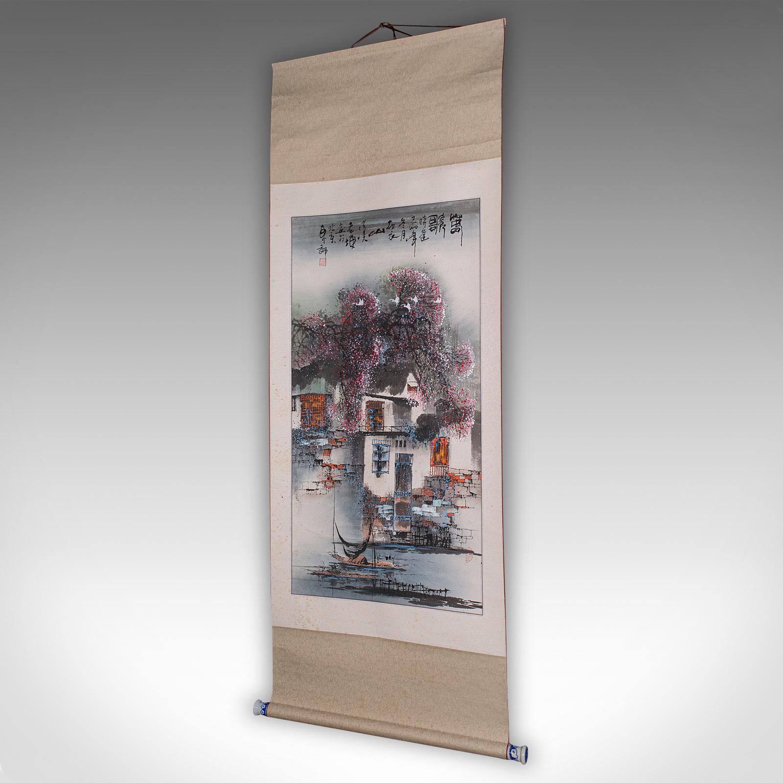 Chinese Export Tall Contemporary Ink Painting Scroll, Chinese, Silk Cotton, Ceramic, Wall Art For Sale