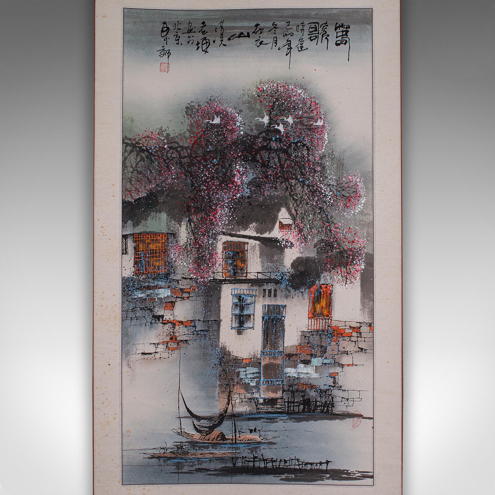 Tall Contemporary Ink Painting Scroll, Chinese, Silk Cotton, Ceramic, Wall Art In Good Condition For Sale In Hele, Devon, GB
