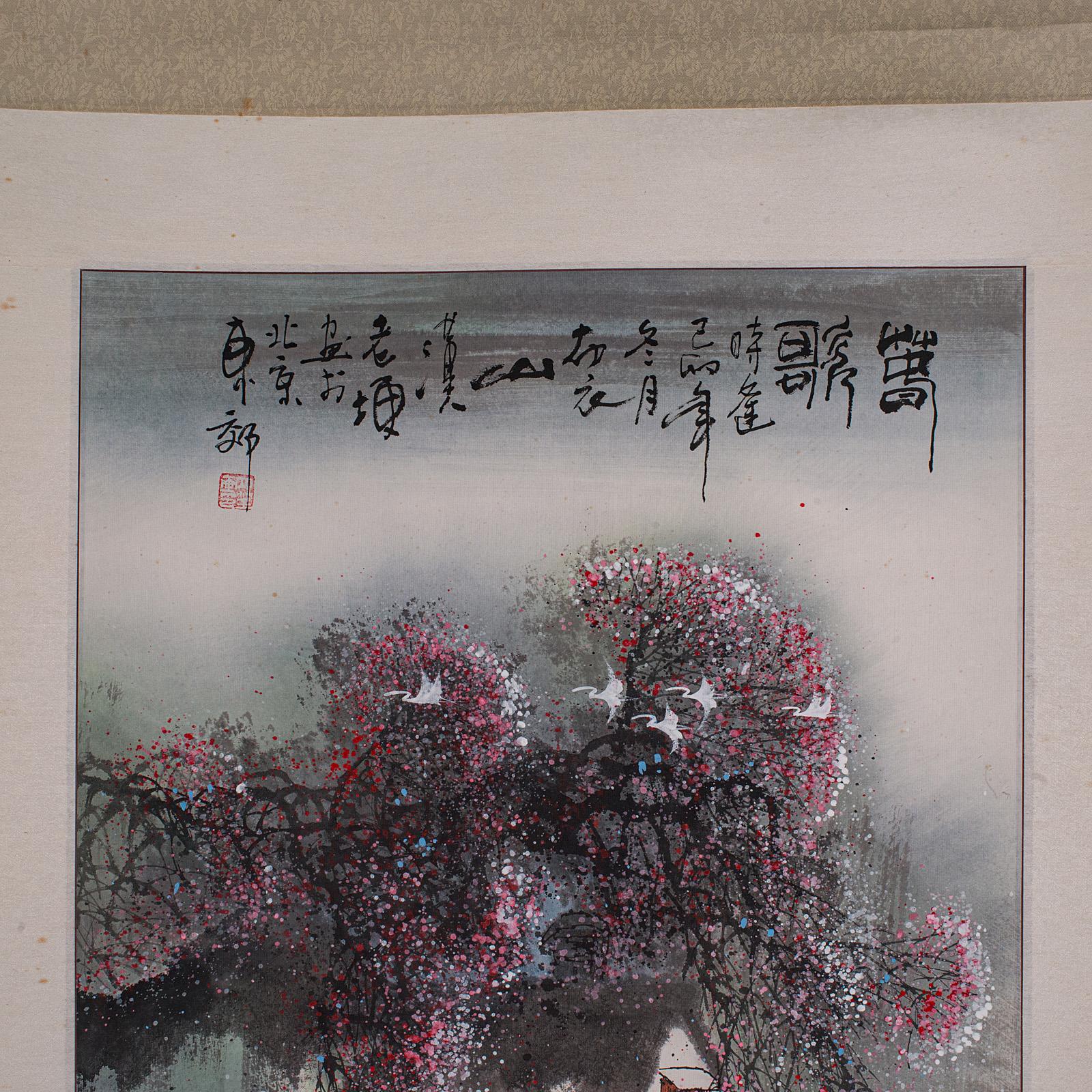 Tall Contemporary Ink Painting Scroll, Chinese, Silk Cotton, Ceramic, Wall Art For Sale 1