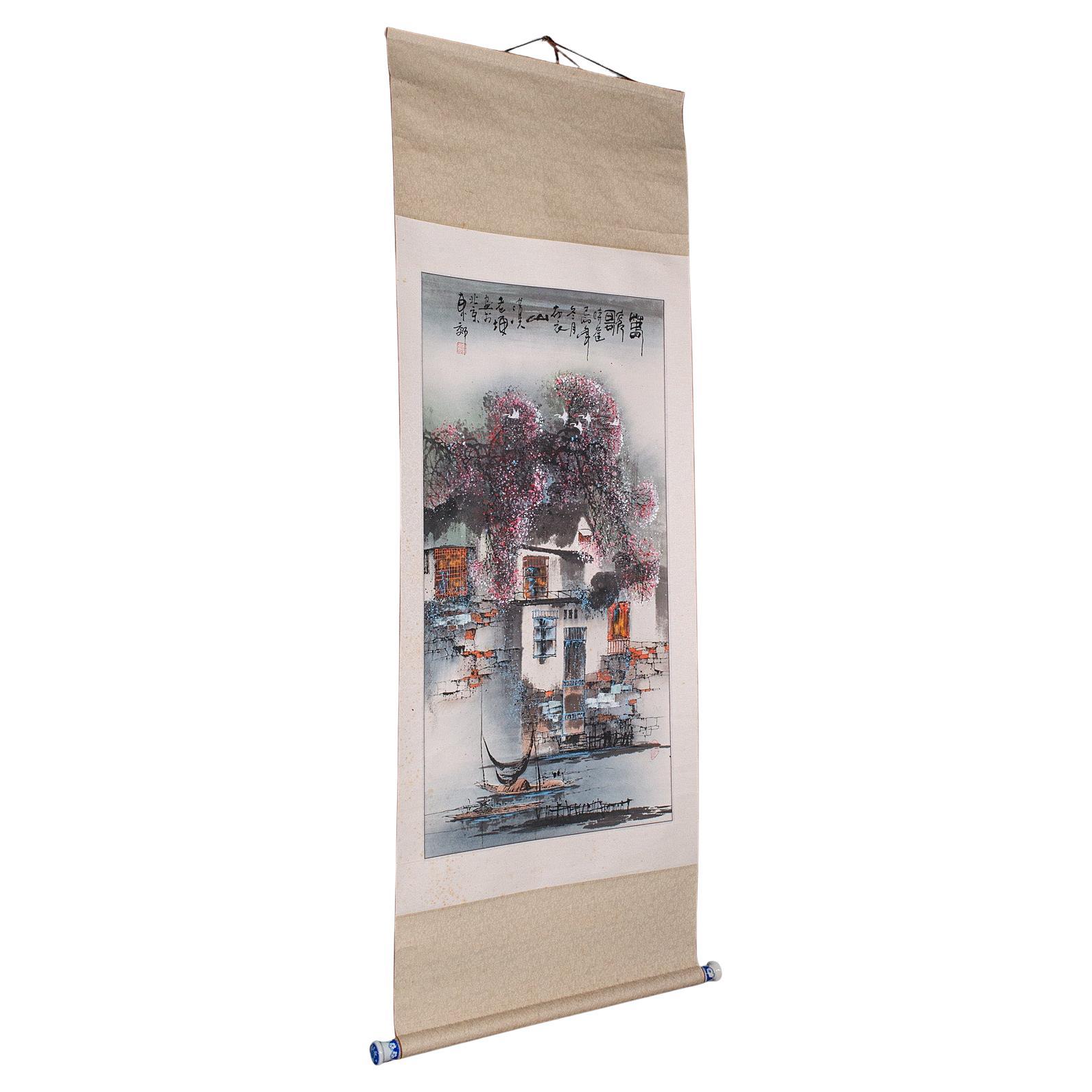 Tall Contemporary Ink Painting Scroll, Chinese, Silk Cotton, Ceramic, Wall Art