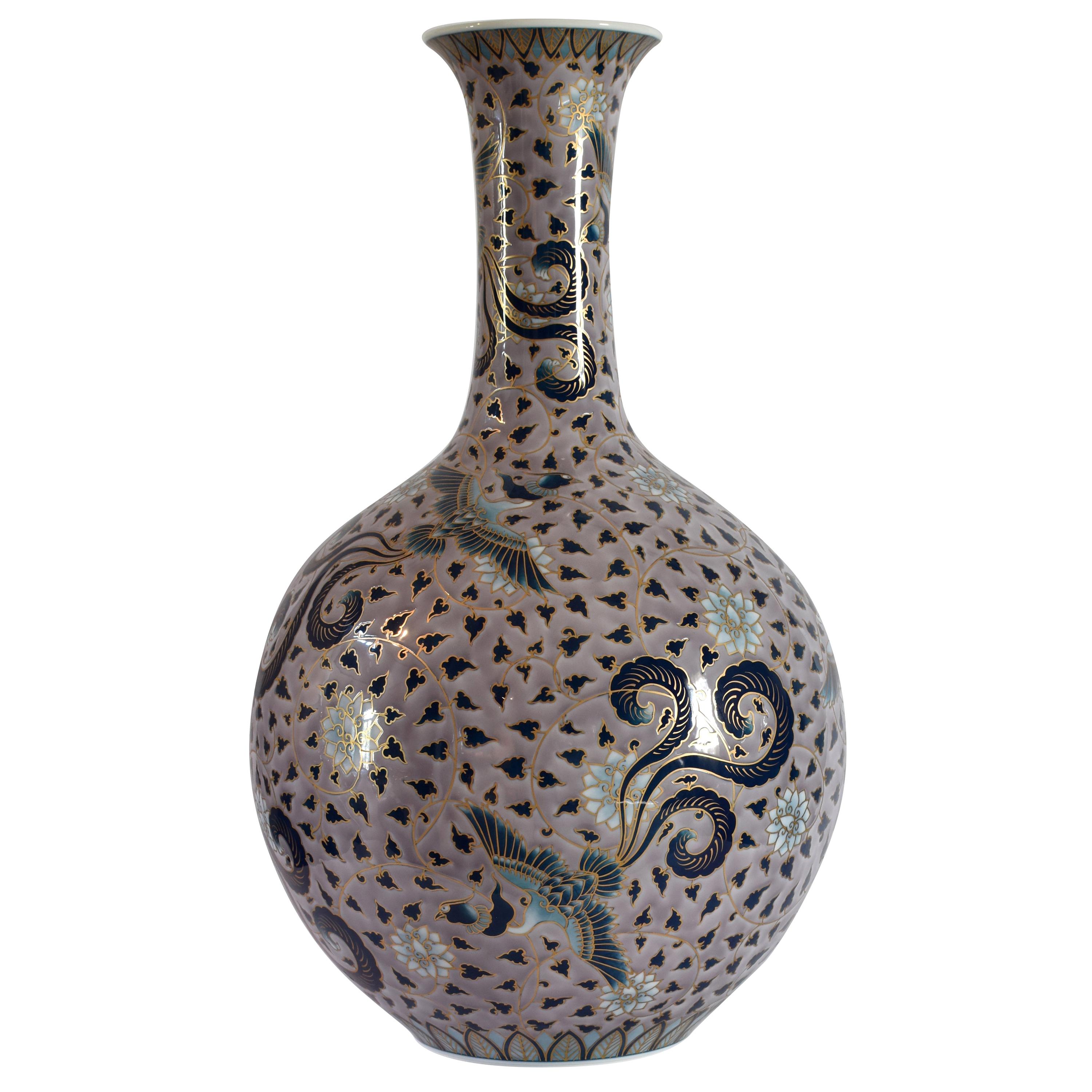 Tall Purple/Gray Gold Porcelain Vase by Japanese Master Artist