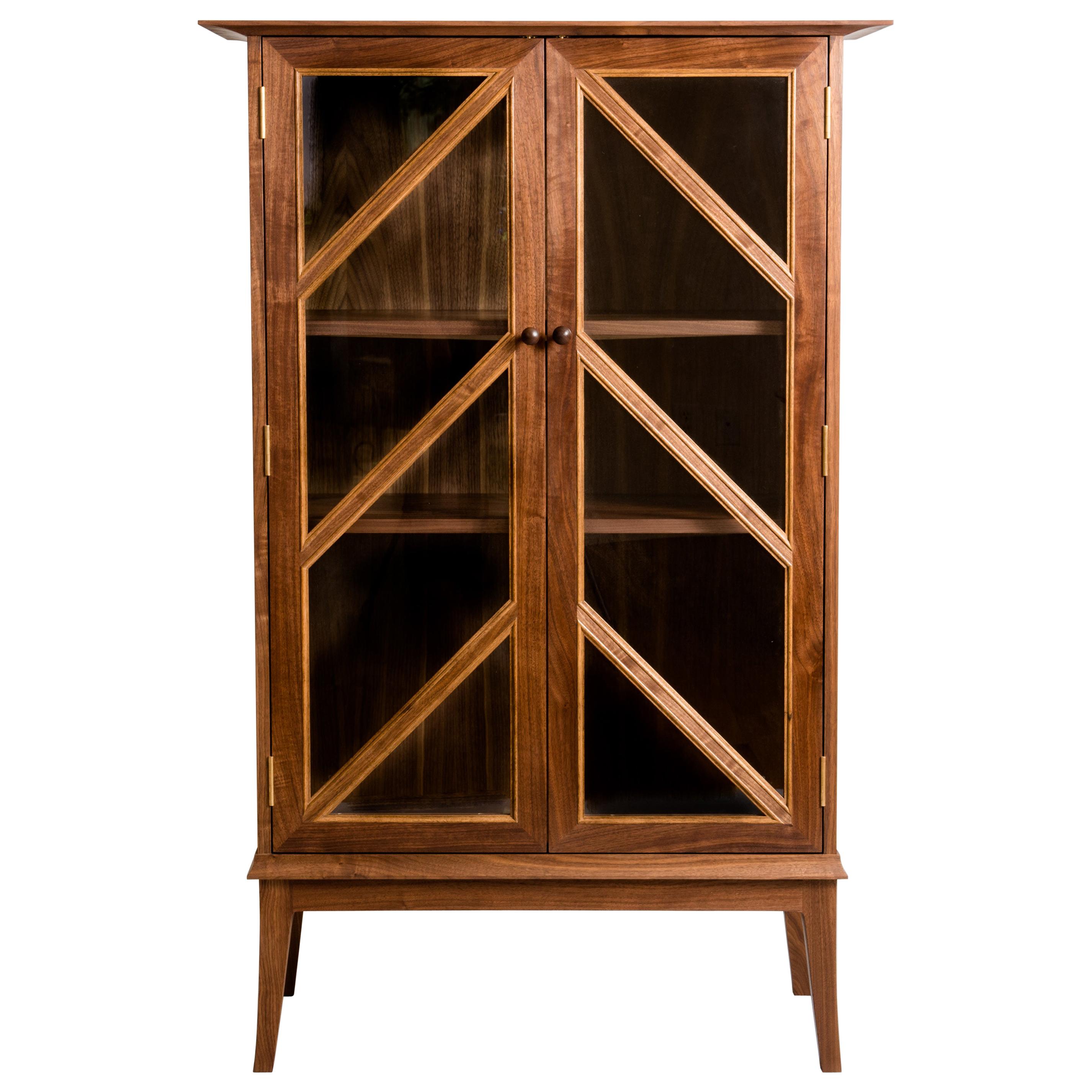 Tall Contemporary Walnut Cabinet with Glass Doors and Butternut Details