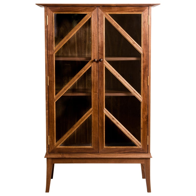 Tall Contemporary Walnut Cabinet With, Tall Cabinet With Glass Doors
