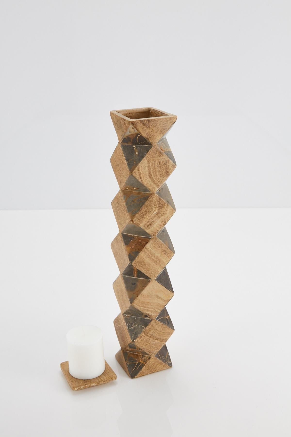 Painted Tall Convertible Faceted Postmodern Tessellated Stone Candlestick or Vase, 1990s For Sale