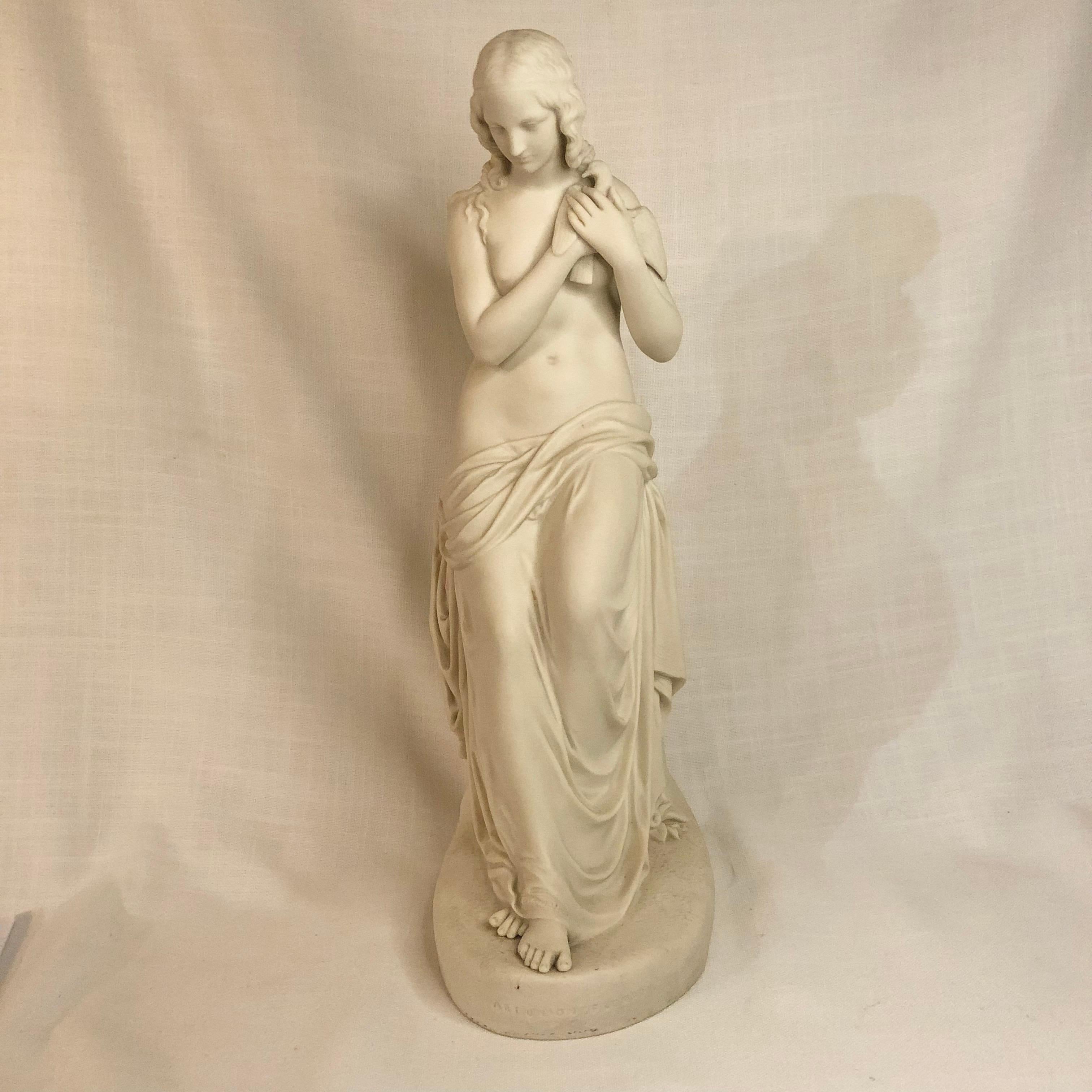 Romantic Tall Copeland Parian Figure of Exquisite Lady Named Innocence Holding a Bird