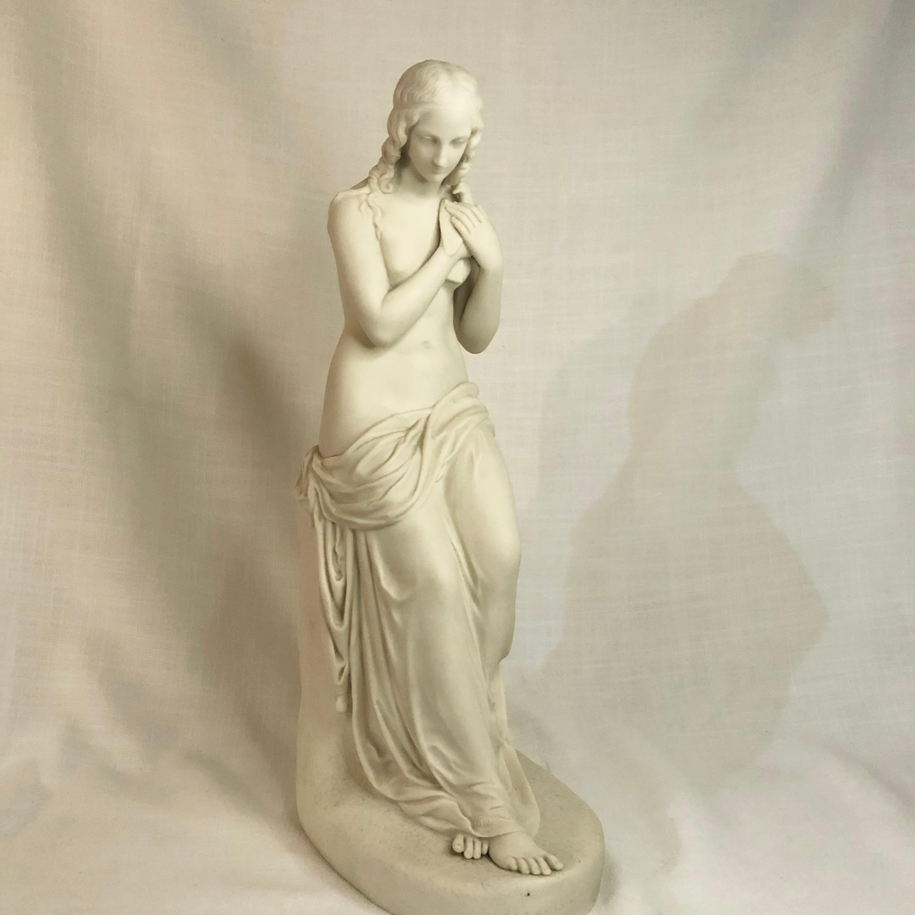 Unglazed Tall Copeland Parian Figure of Exquisite Lady Named Innocence Holding a Bird