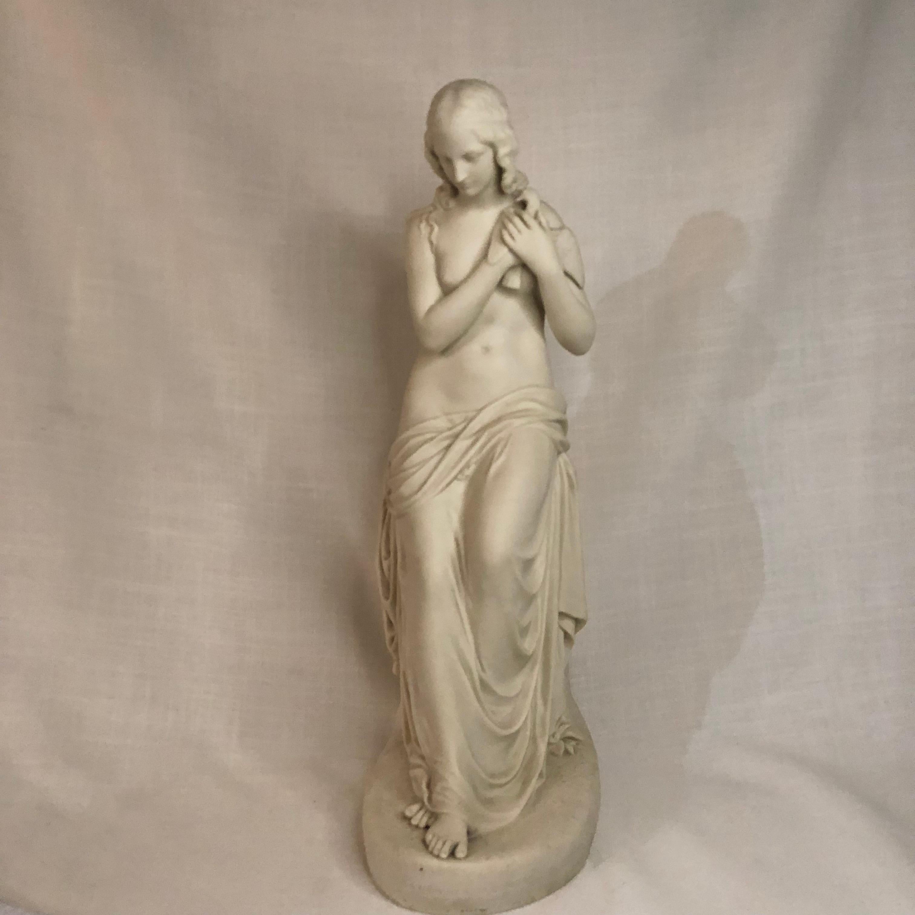 Porcelain Tall Copeland Parian Figure of Exquisite Lady Named Innocence Holding a Bird