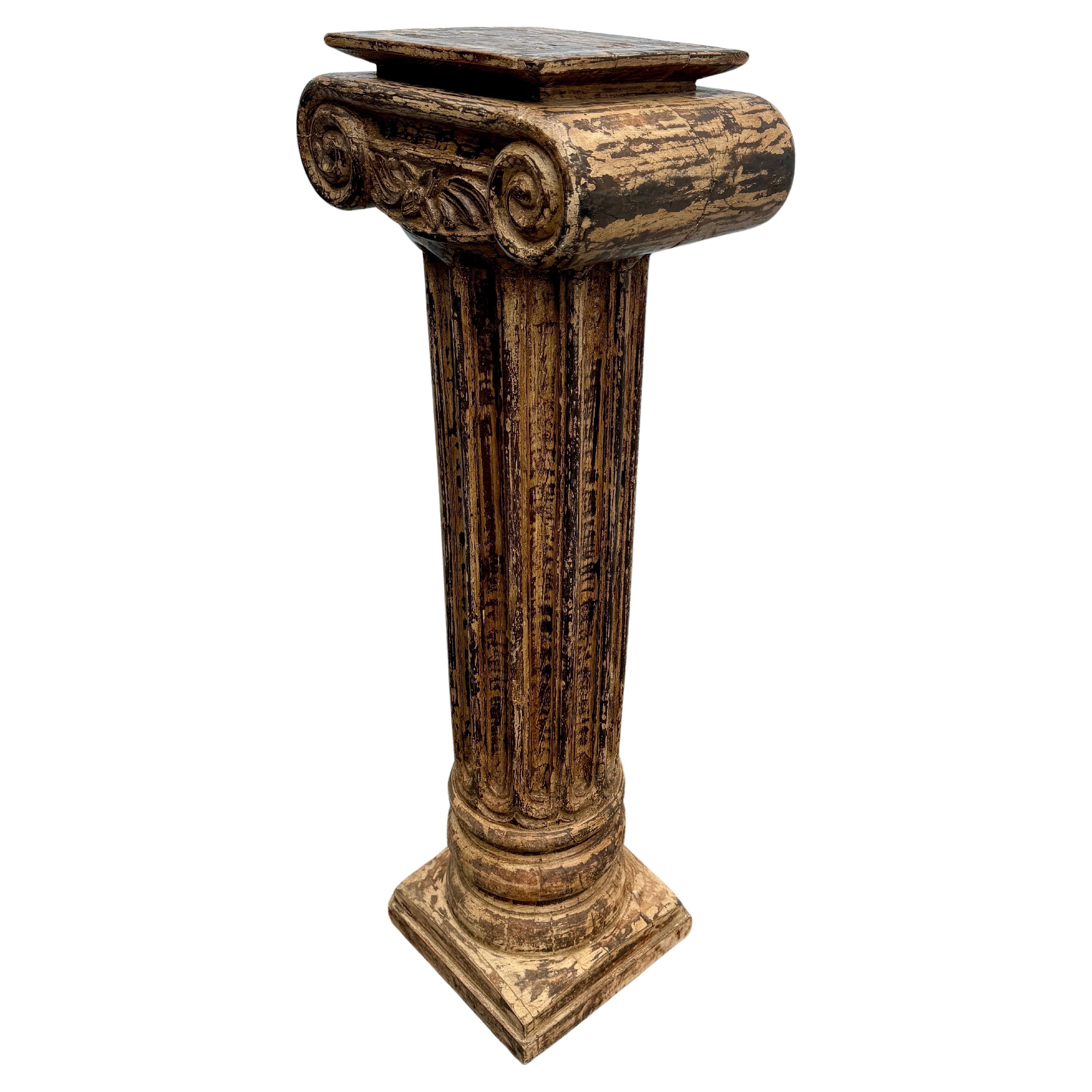 Patinated Tall Corinthian Column Wood Pedestal Stand