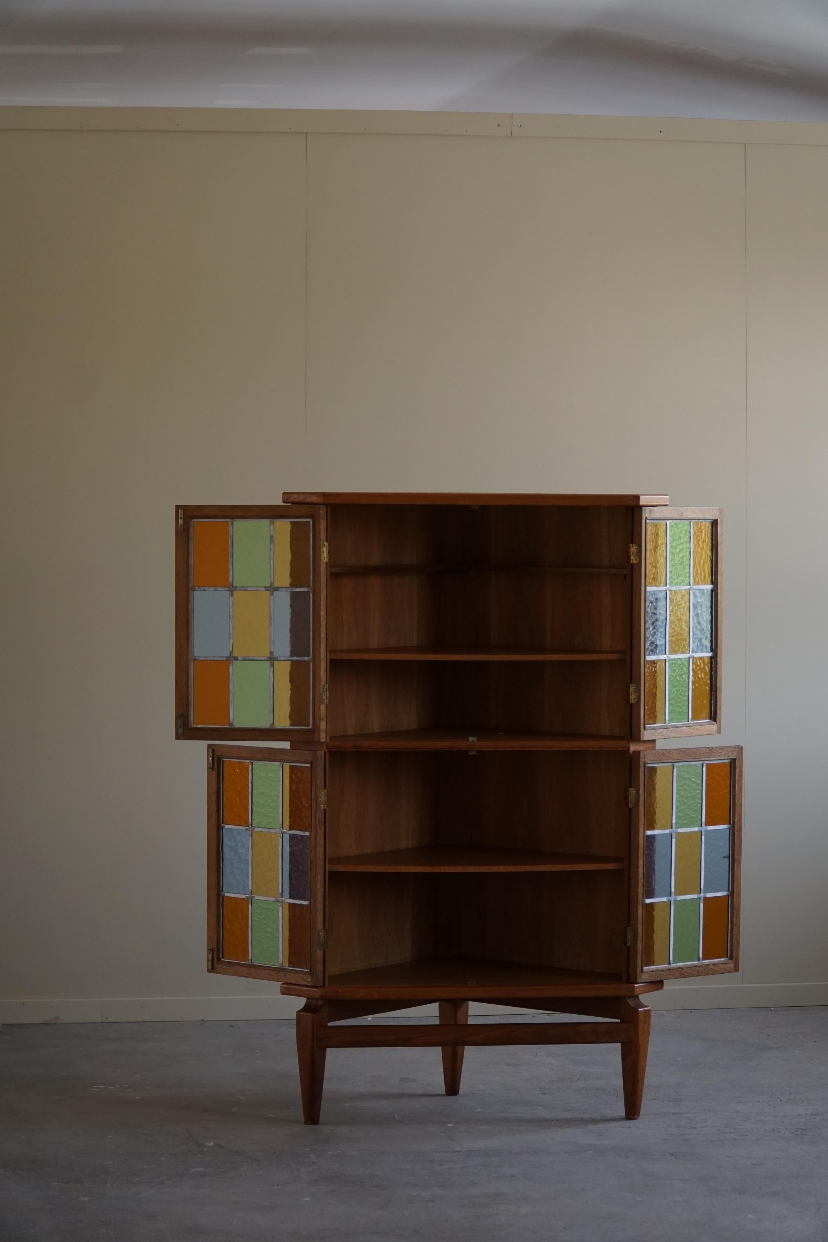 Danish Tall Corner Cabinet in Oak & Glass by Henning Kjærnulf, Mid Century, 1960s For Sale