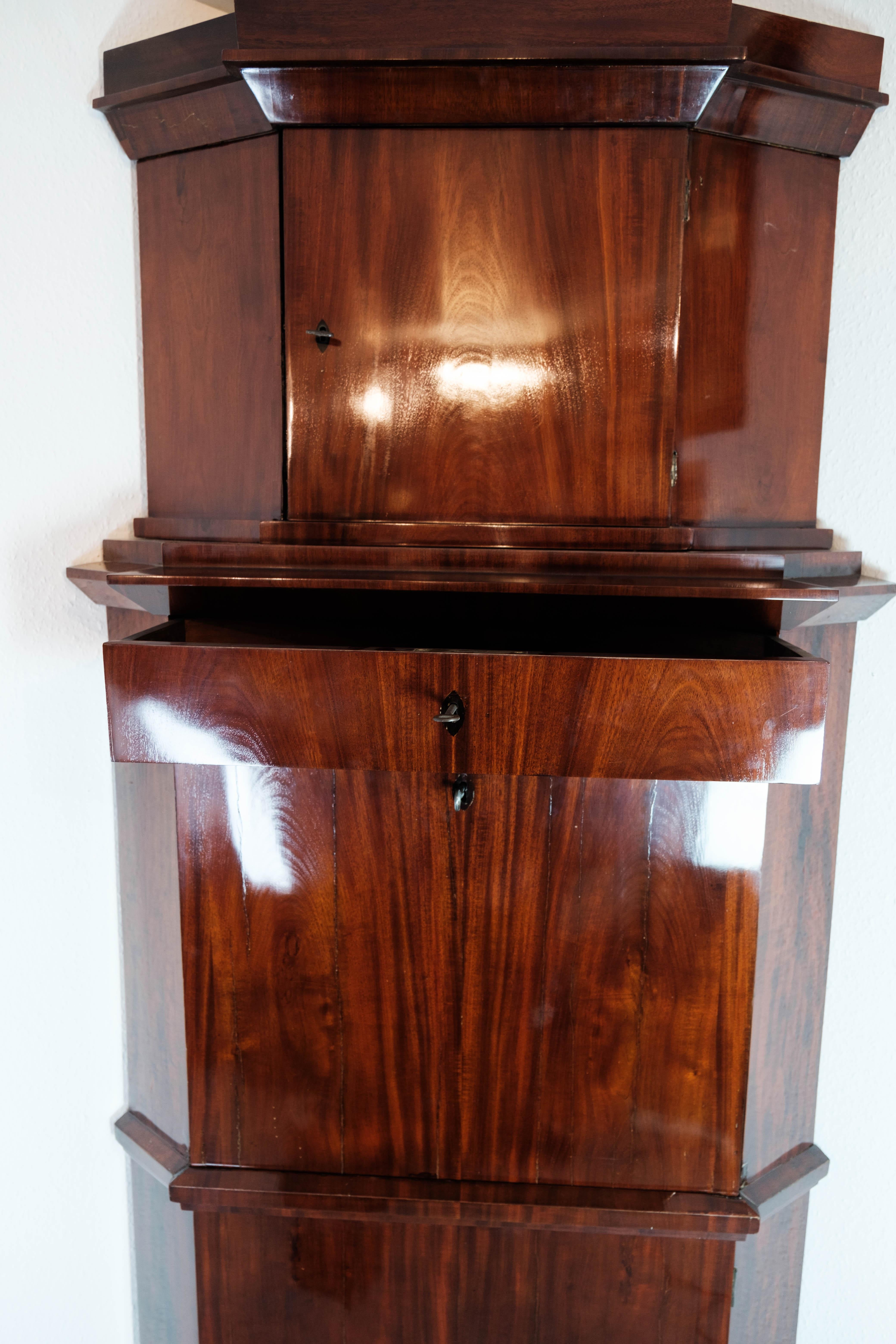 Polished Tall Corner Cabinet/Secretaire in Mahogany, 1840s For Sale