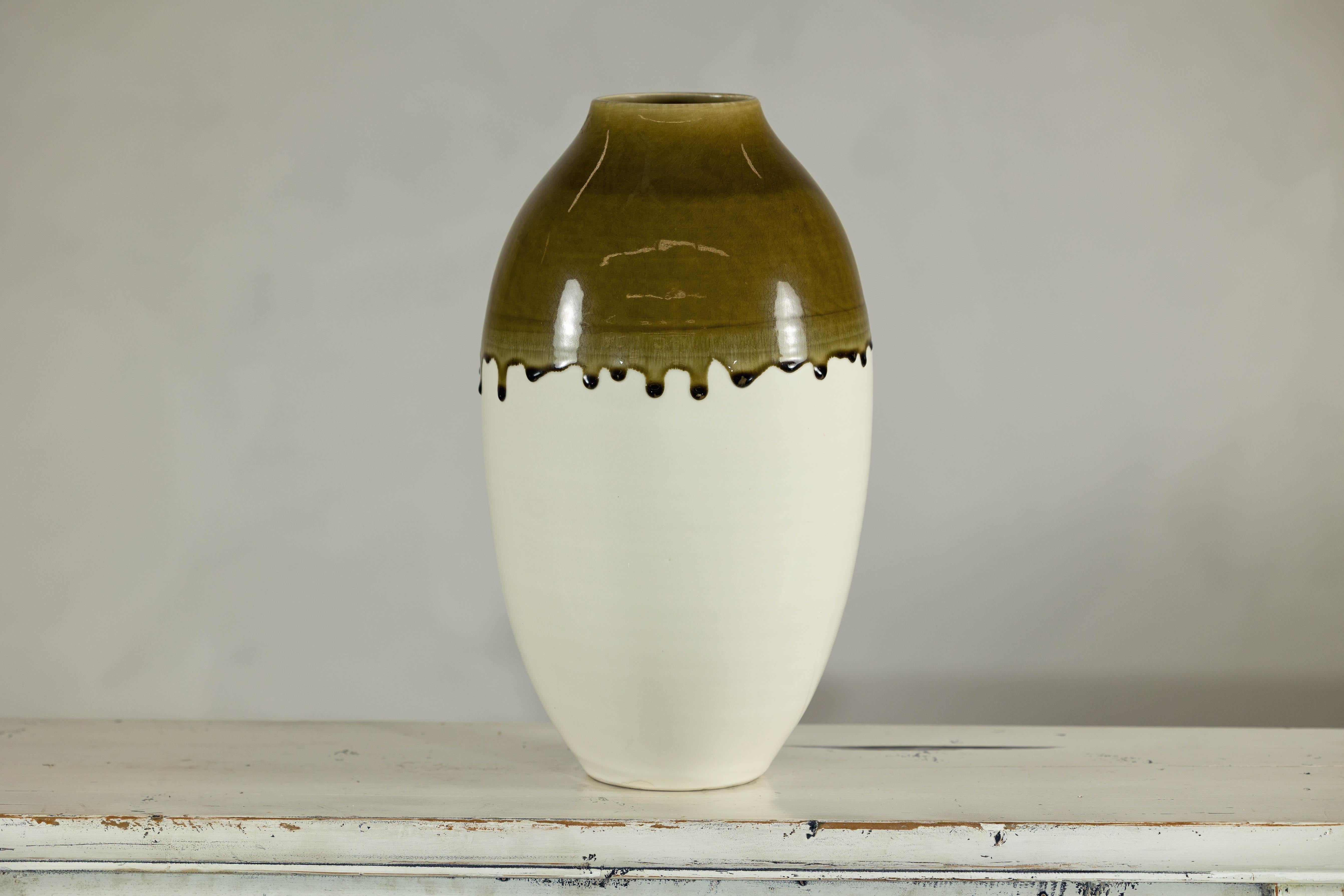 Tall Cream and Olive Glazed Artisan Vase with Expressive Drip Rim in vendita 4