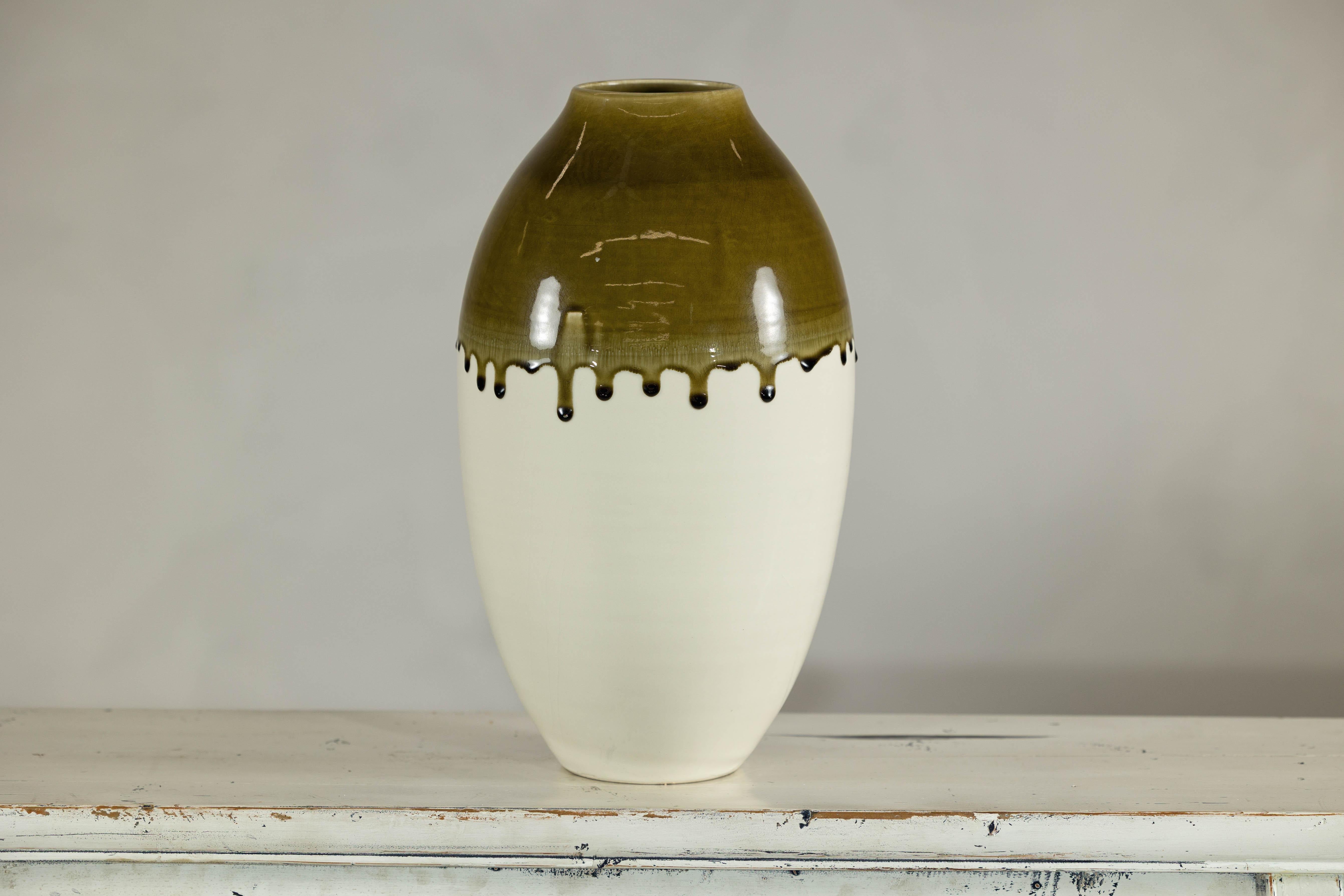 Tall Cream and Olive Glazed Artisan Vase with Expressive Drip Rim in vendita 5
