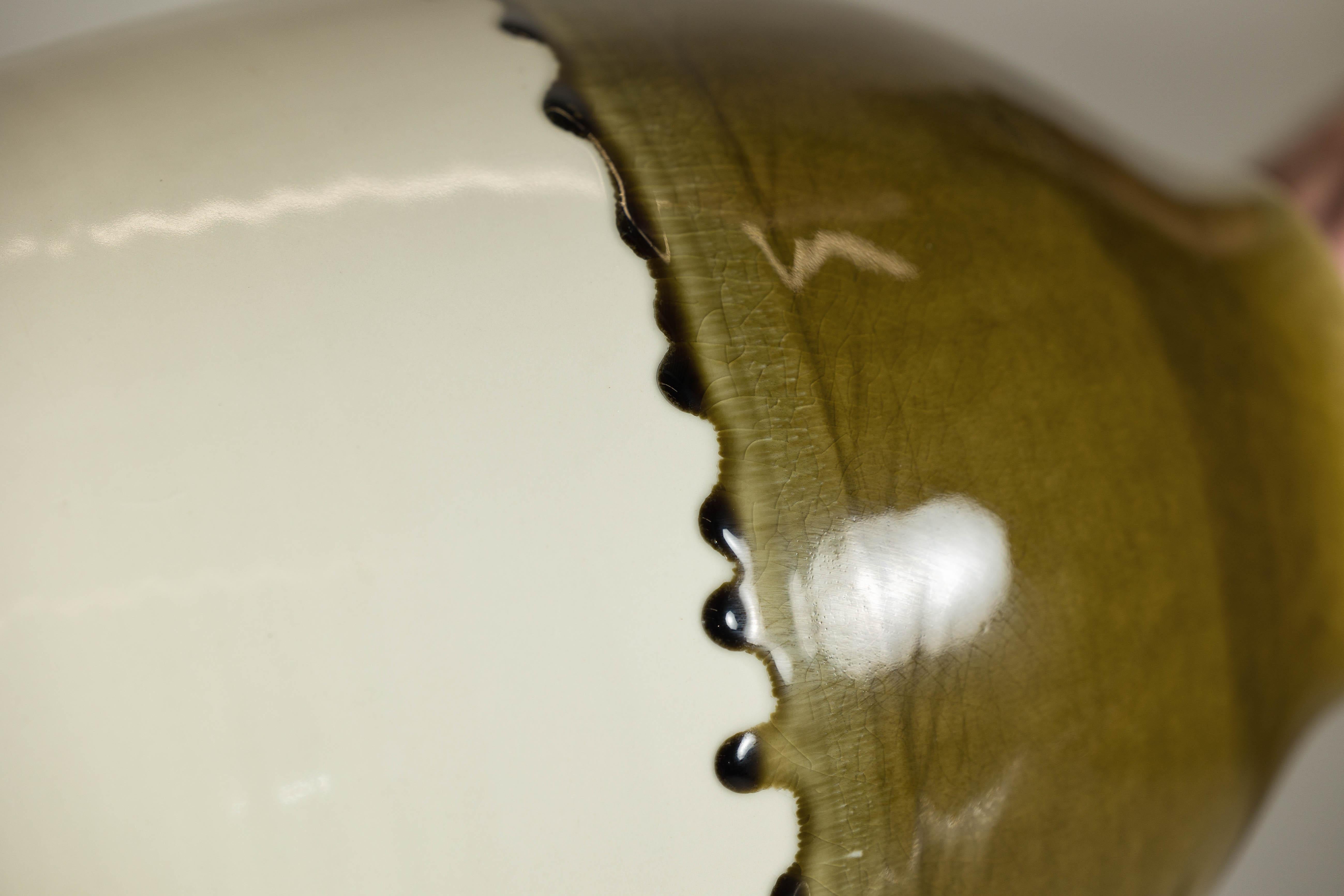 Tall Cream and Olive Glazed Artisan Vase with Expressive Drip Rim in vendita 8