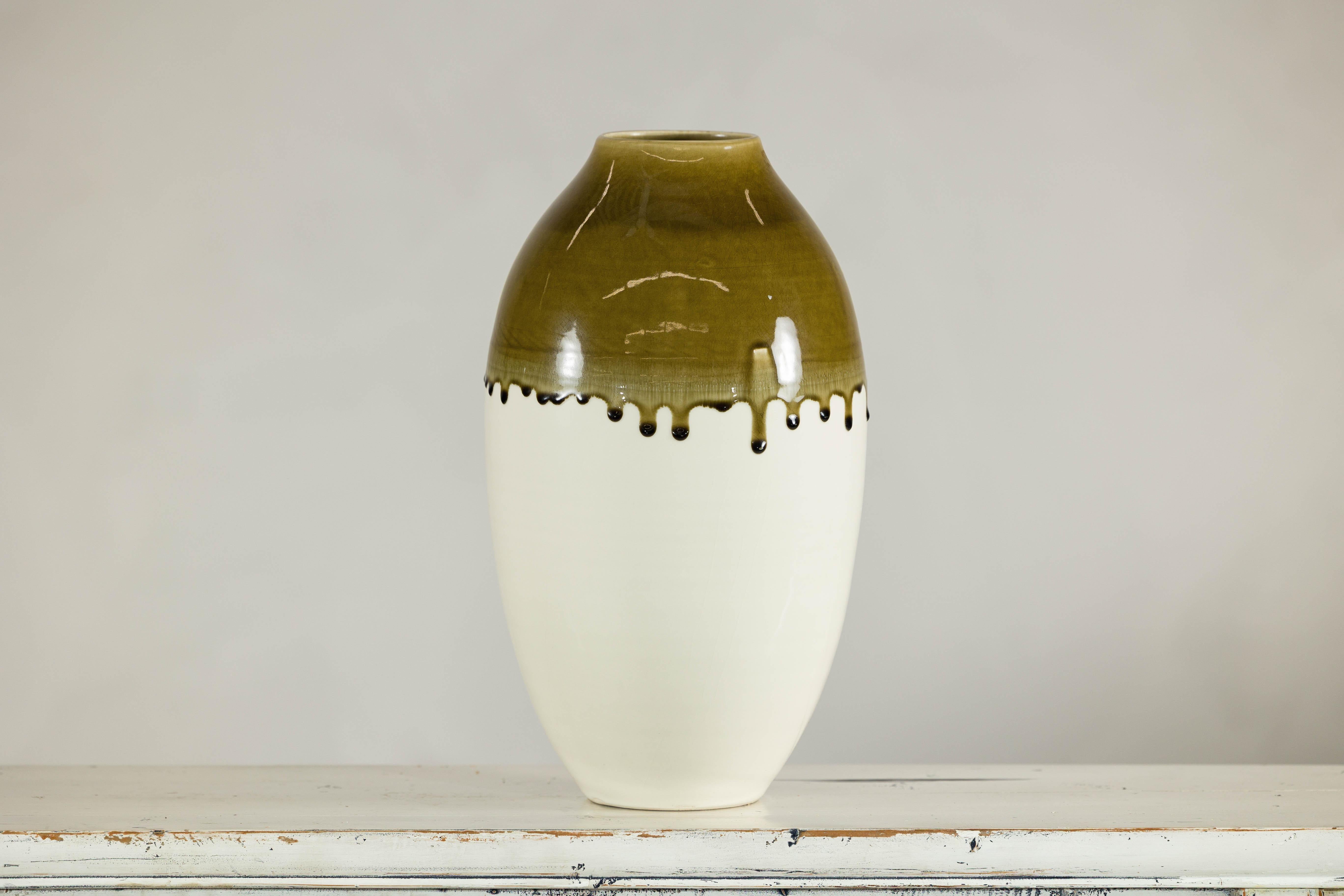 Tall Cream and Olive Glazed Artisan Vase with Expressive Drip Rim in vendita 9