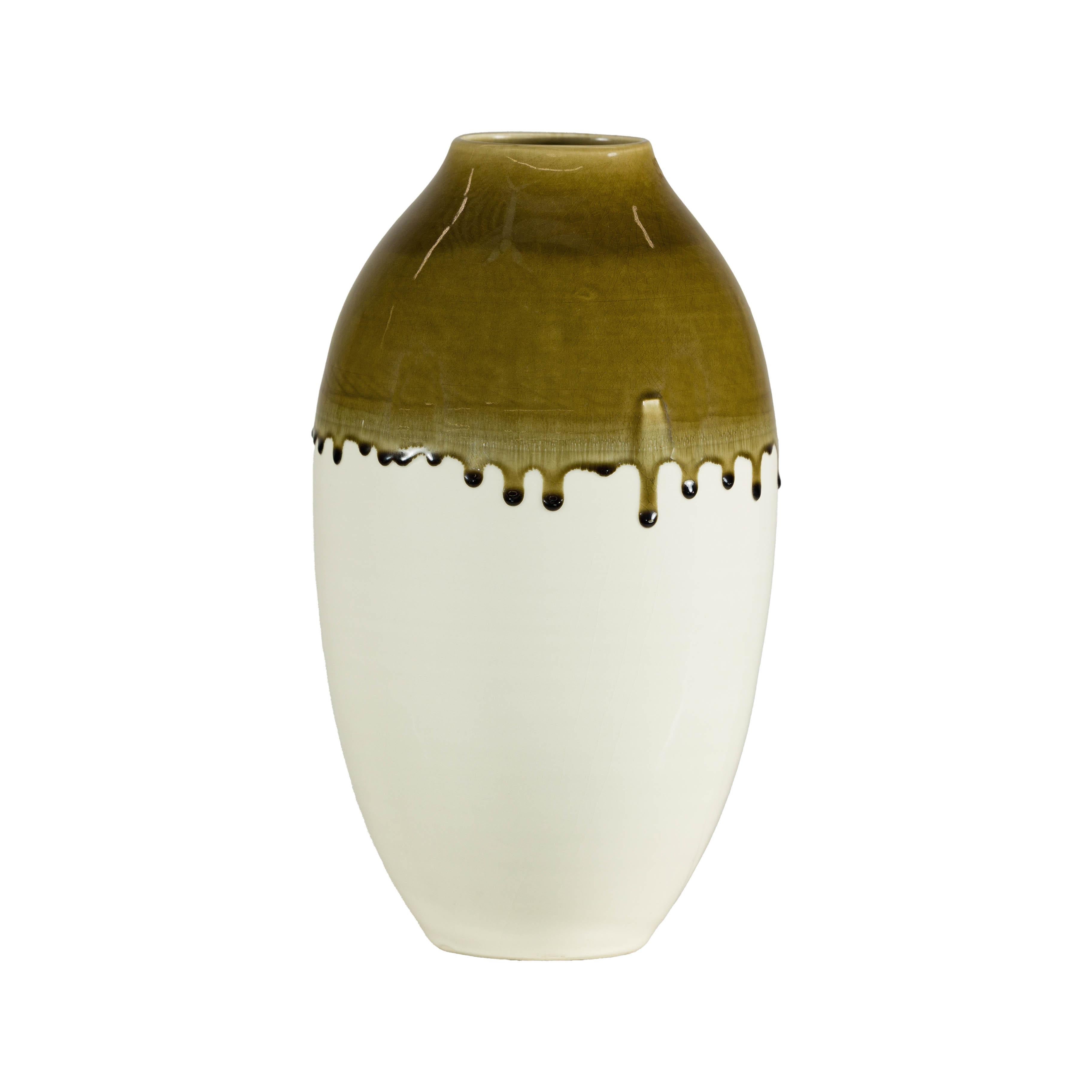 Tall Cream and Olive Glazed Artisan Vase with Expressive Drip Rim in vendita 10