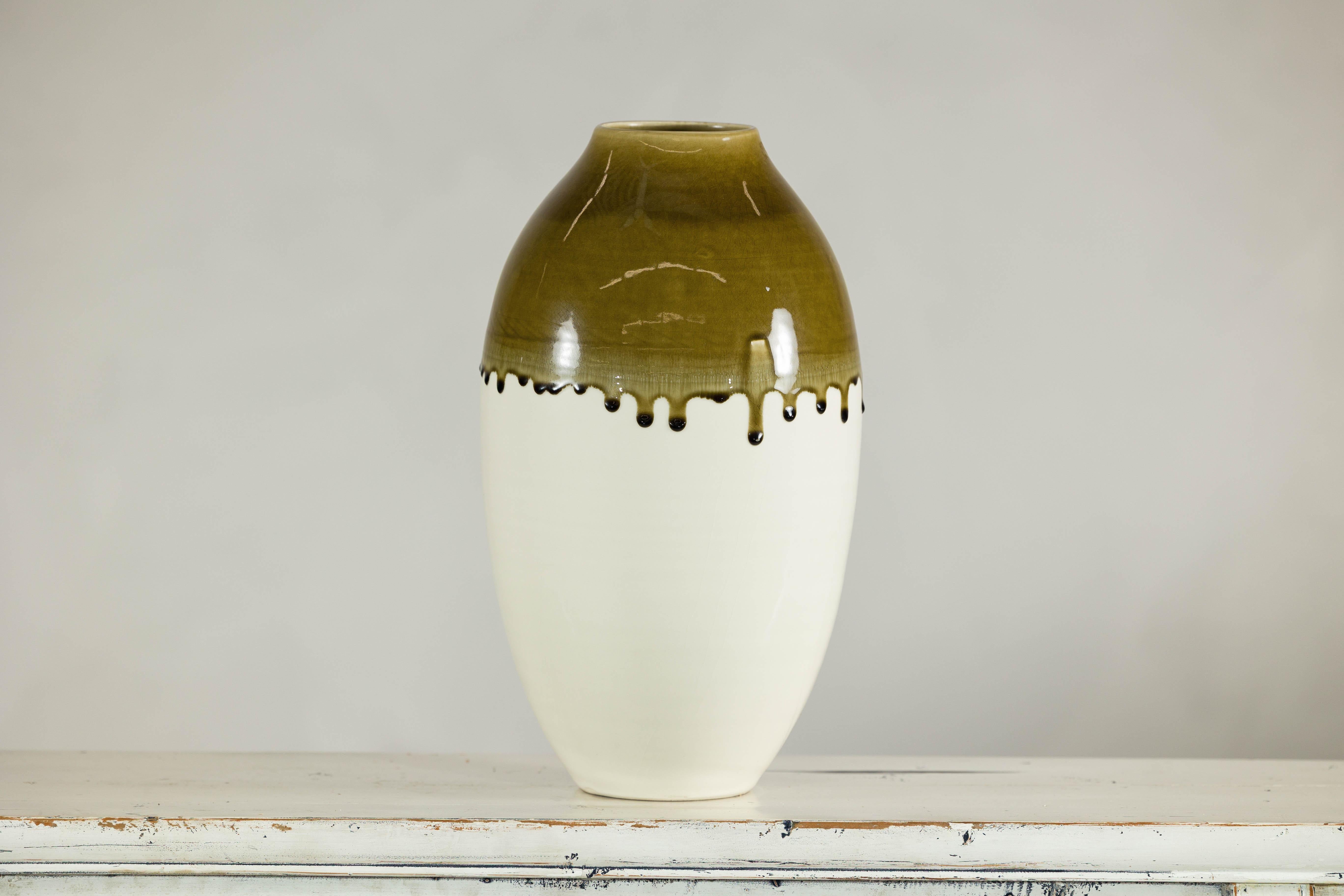 Smaltato Tall Cream and Olive Glazed Artisan Vase with Expressive Drip Rim in vendita