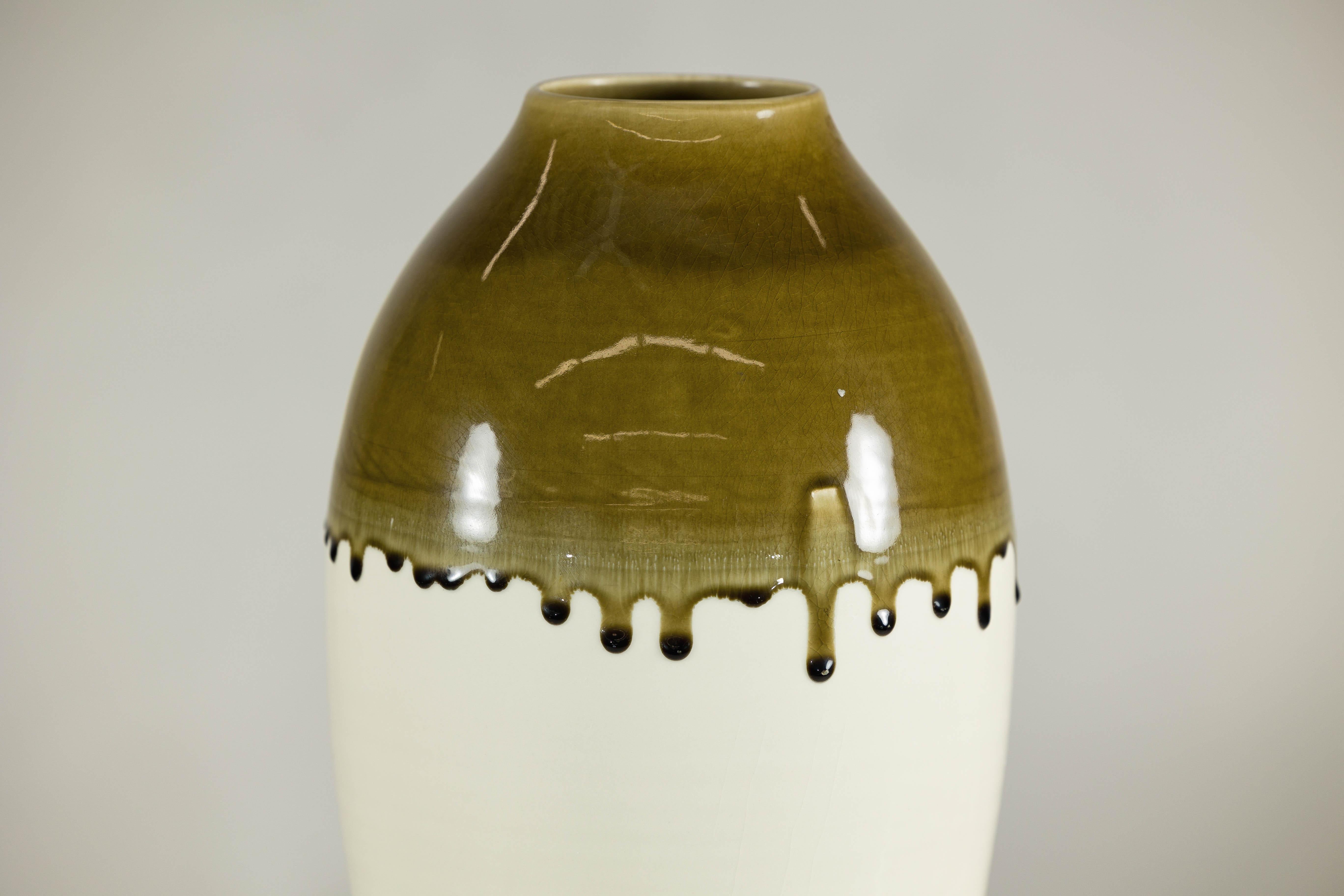 XX secolo Tall Cream and Olive Glazed Artisan Vase with Expressive Drip Rim in vendita