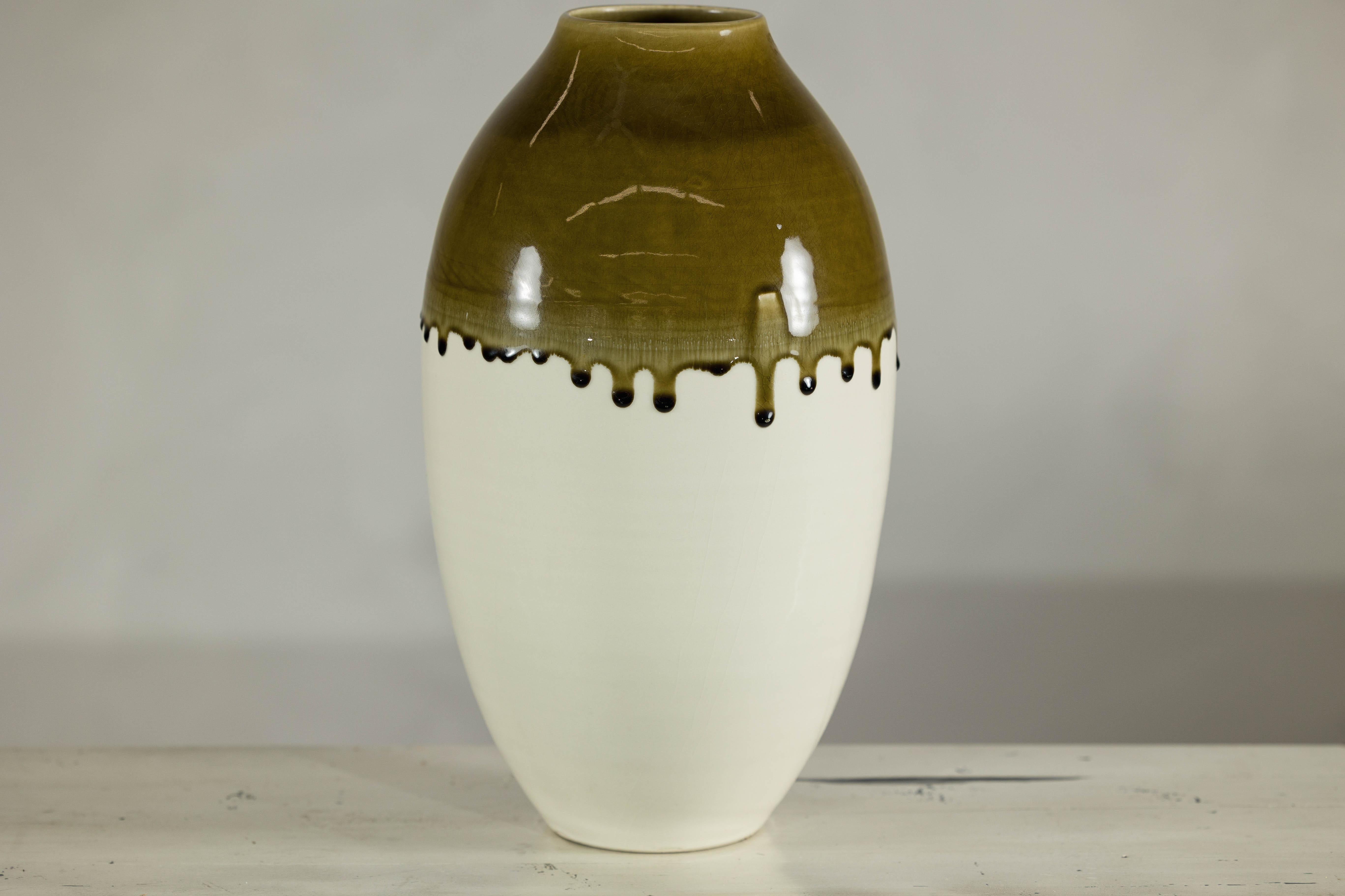 Tall Cream and Olive Glazed Artisan Vase with Expressive Drip Rim in vendita 2