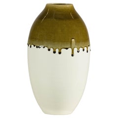 Tall Cream and Olive Glazed Artisan Vase with Expressive Drip Rim