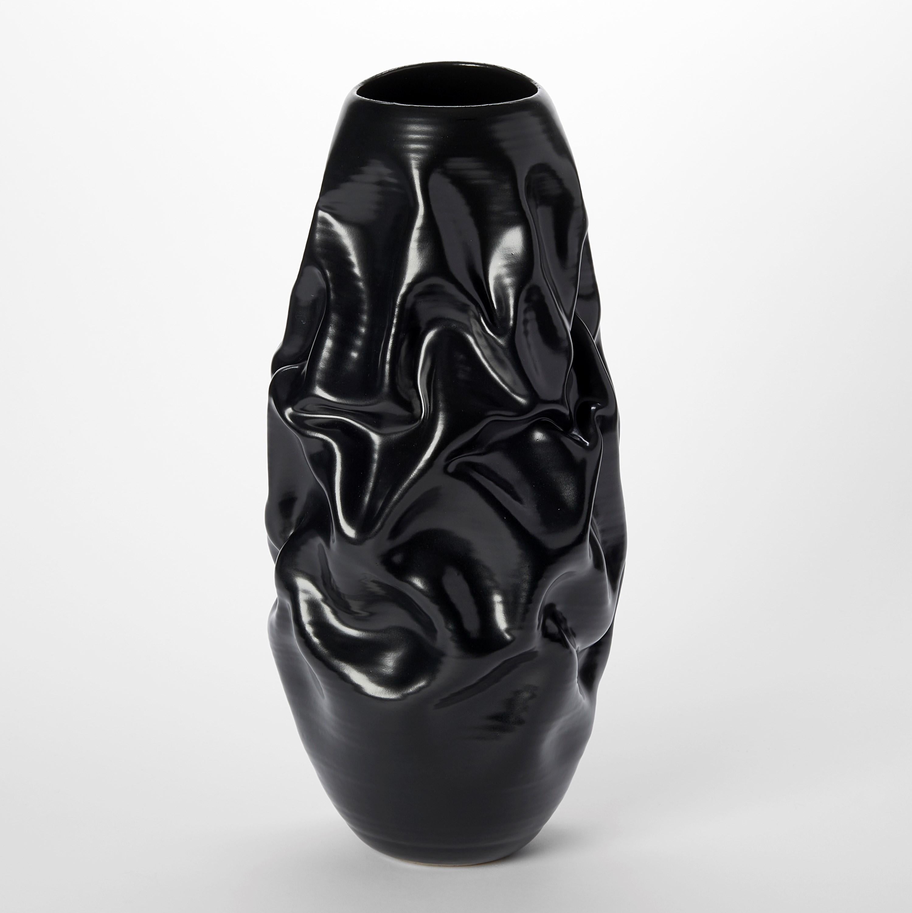 Organic Modern Tall Crumpled Form No 113, black ceramic sculpture by Nicholas Arroyave-Portela For Sale