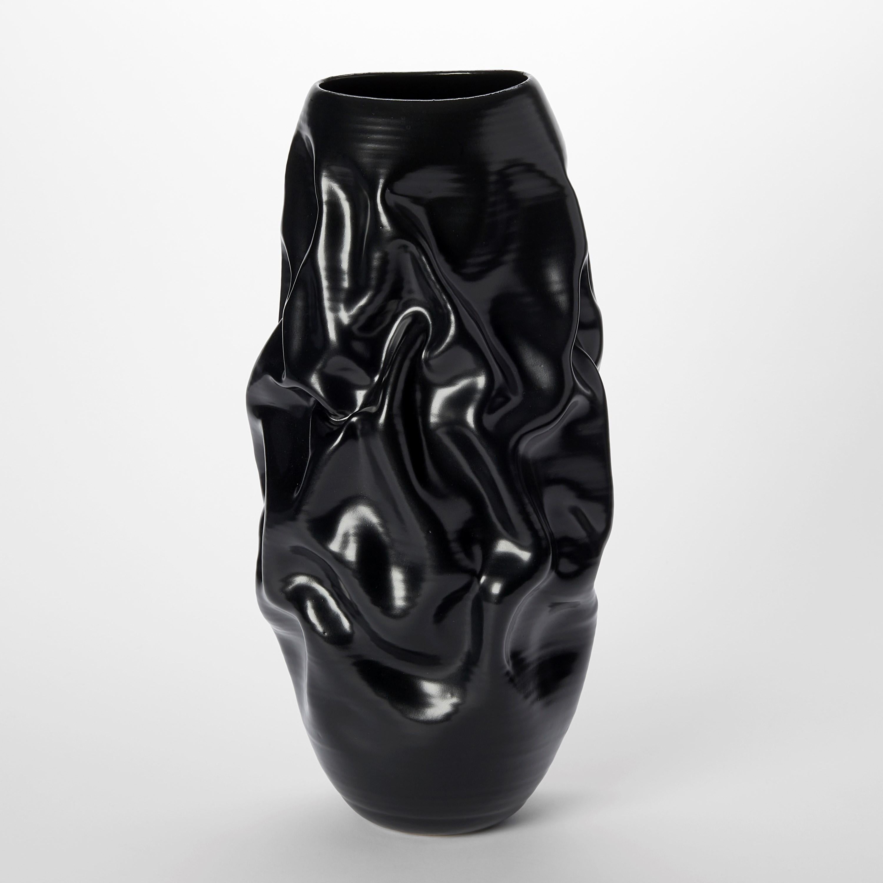 Spanish Tall Crumpled Form No 113, black ceramic sculpture by Nicholas Arroyave-Portela For Sale