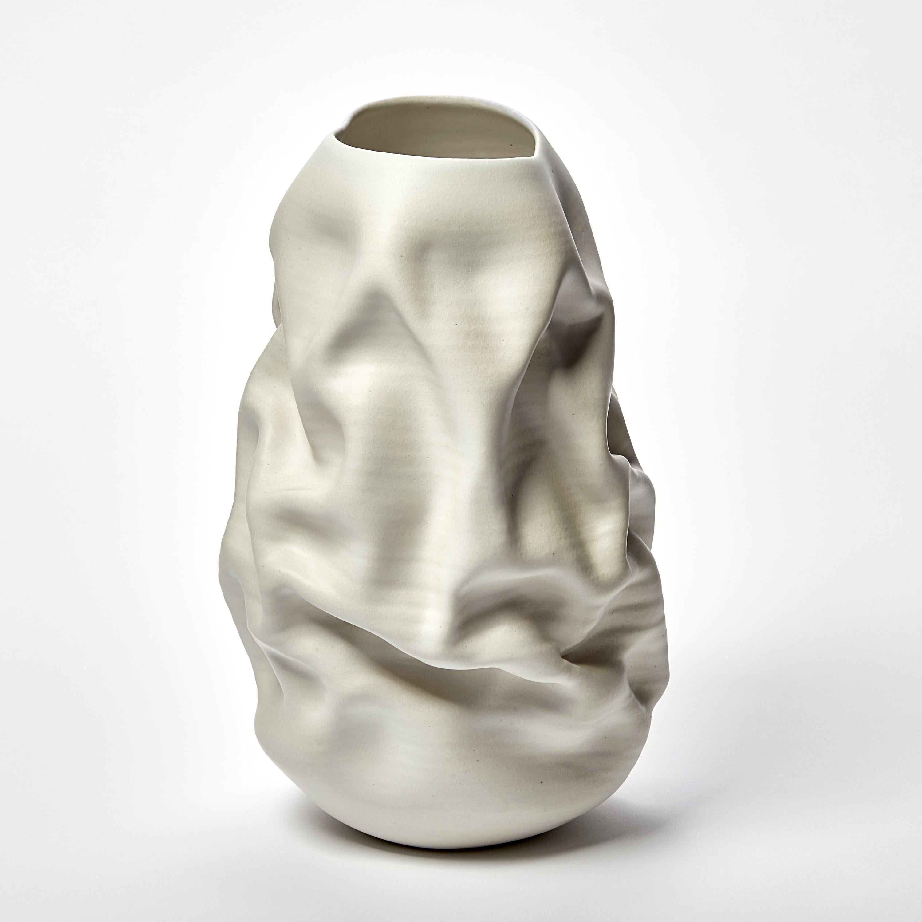 Organic Modern Tall Crumpled Form No 118, white ceramic vessel by Nicholas Arroyave-Portela For Sale